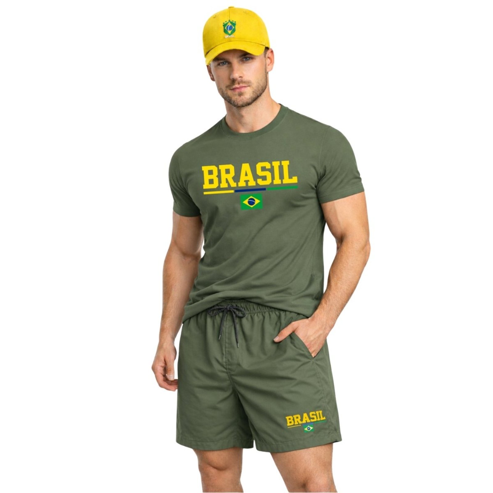 Kit Completo Brasil Masculino Camiseta Algodão Bermuda Tactel Casual e Boné