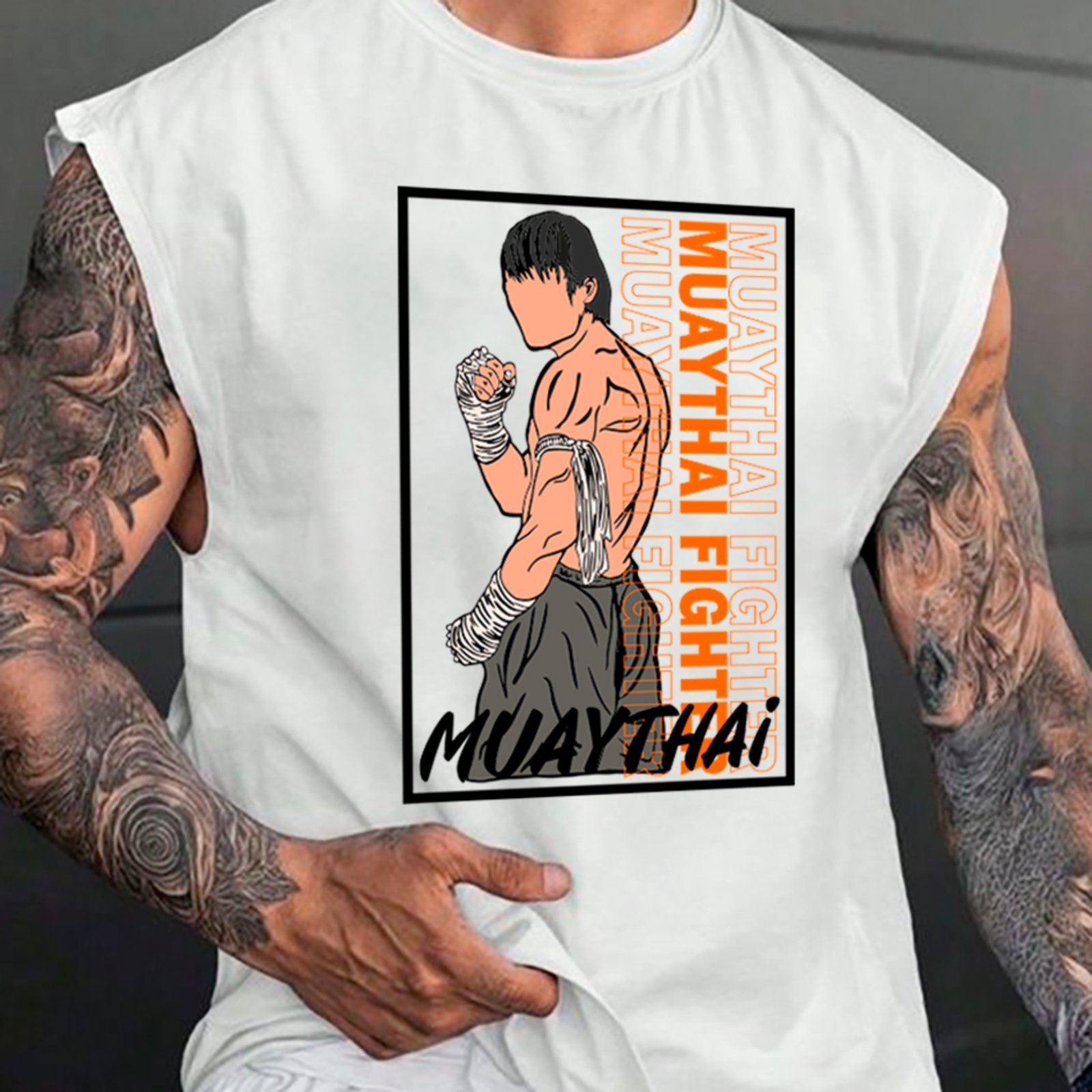 Camiseta Regata Machão Ousy Muay Thai Fighter Artes Marciais Oversized Masculina Branco