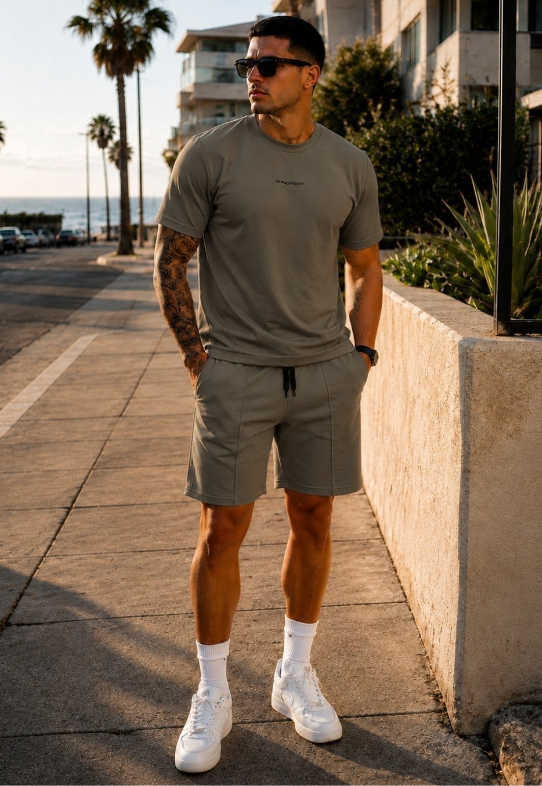 Conjunto Masculino Camiseta Shorts Ajustável Moletinho Chumbo