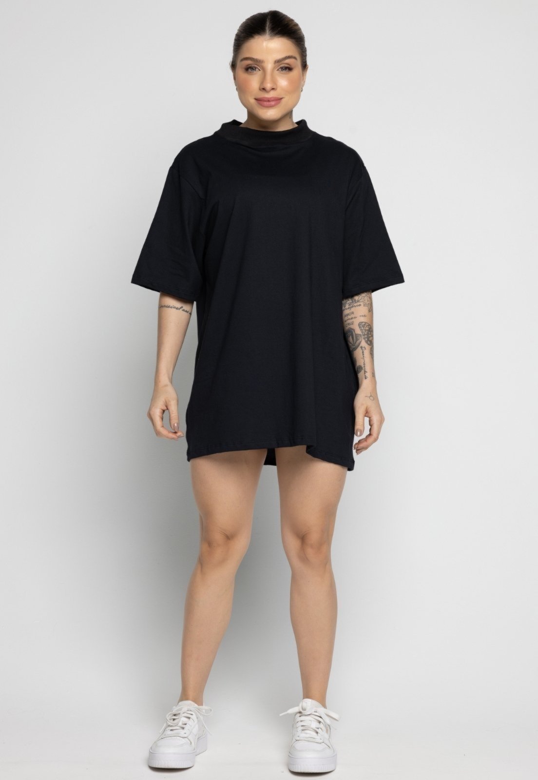 Camiseta Max T-Shirt Serra e Mar Modas Blusa Feminina Lisa Camisetão Longa Preto