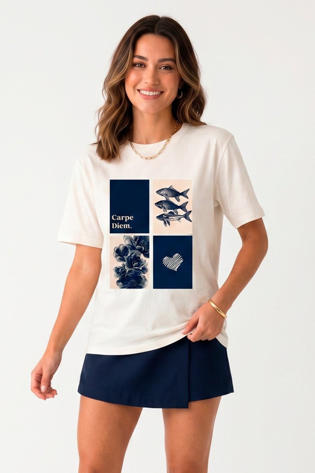 T-shirt Feminina Cianitas Off Estampa Azul Marinho