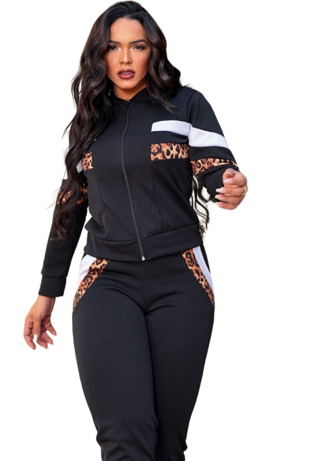 Conjunto Summer Body Feminino Blusa Manga Longa Calça Listra Inverno Onça