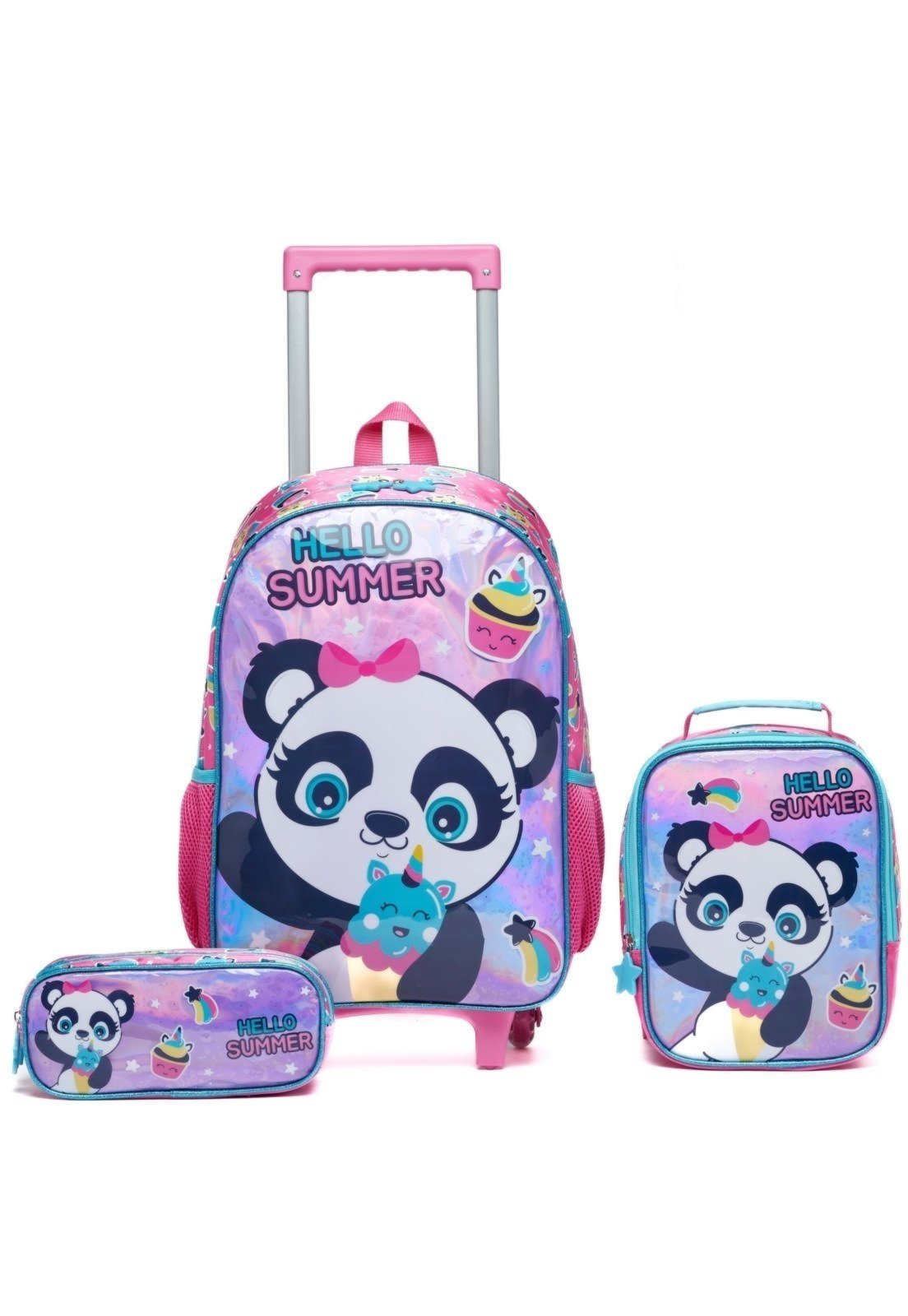 Vista 2 Infantil - Kit Mochila Lancheira Estojo Rodinhas Panda Feminina Escolar Resistente Menina Perfect For You lilás Perfect For You lilás