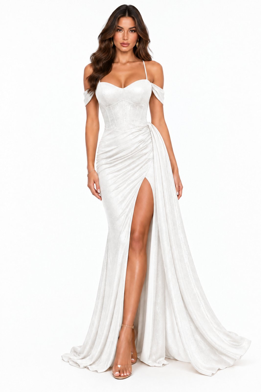 Vestido Longo Drapeado Luxo D Bell Outlet Fashion Corset Branco