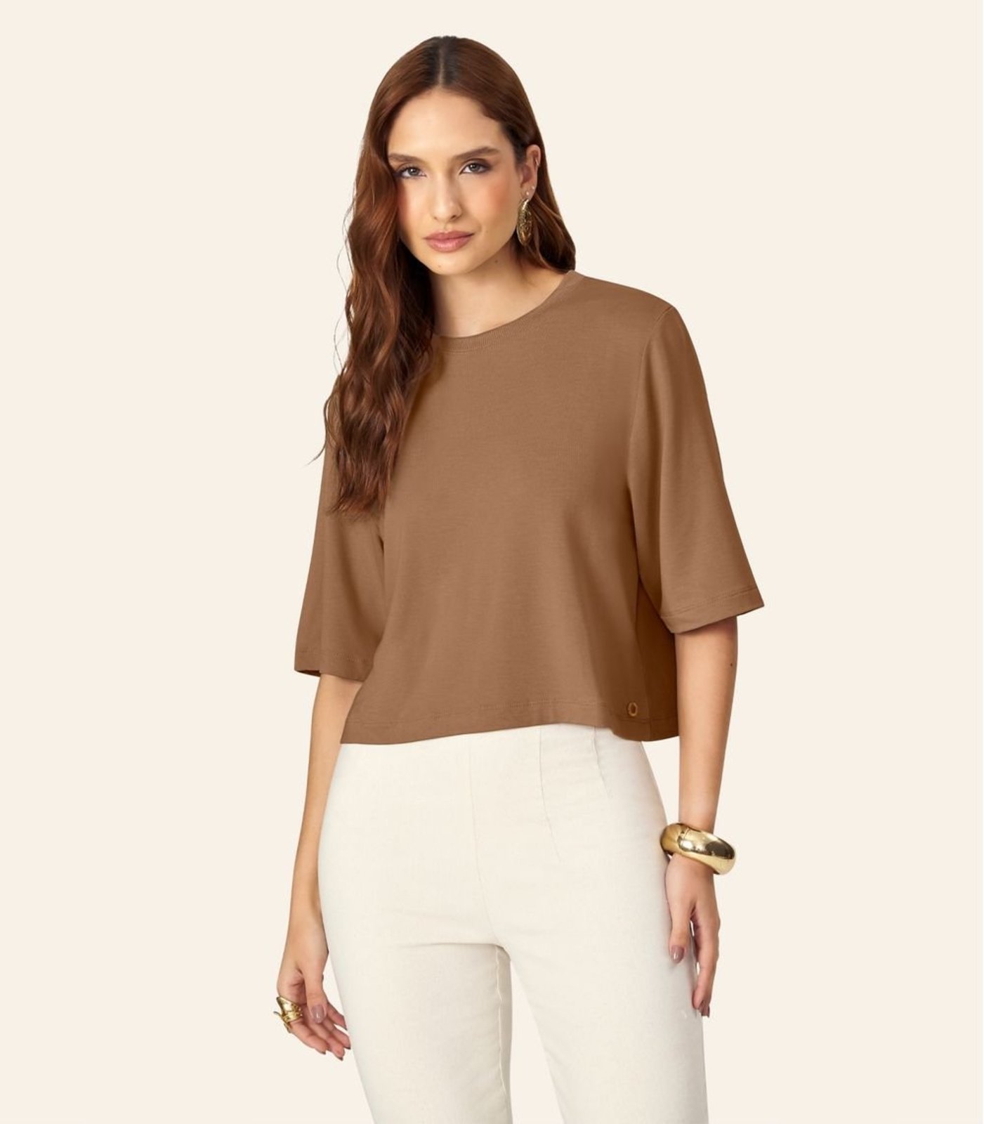 Blusa Feminina Manga Curta em Molecotton Endless Bege