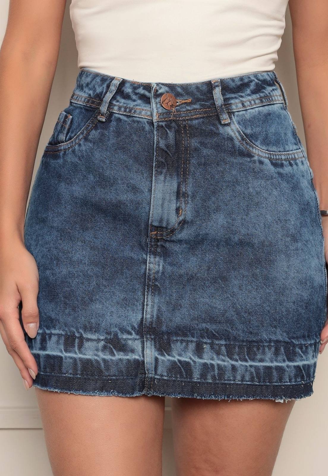 Saia Cintura Alta Ethereal Jeans com Barra Desfiada Lavagem Escura