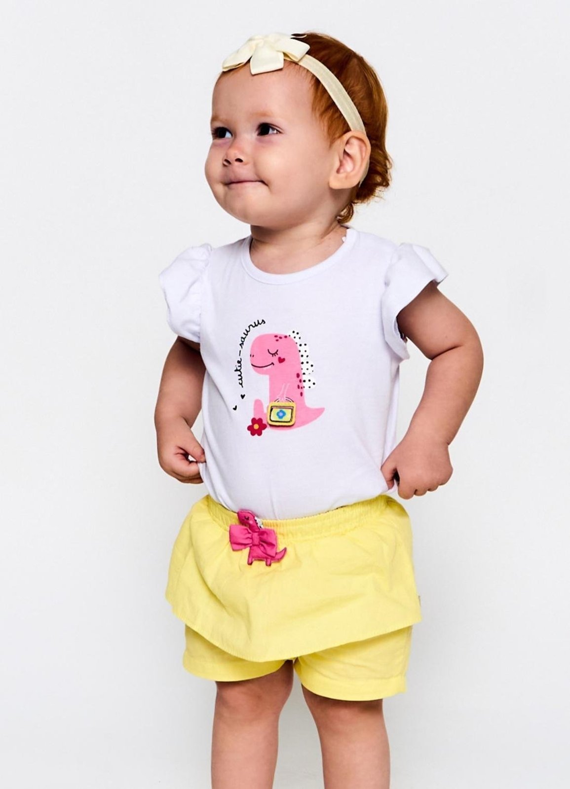 Infantil - Short Menina Bosque dos Dinos Amarelo Laço Rosa Verde