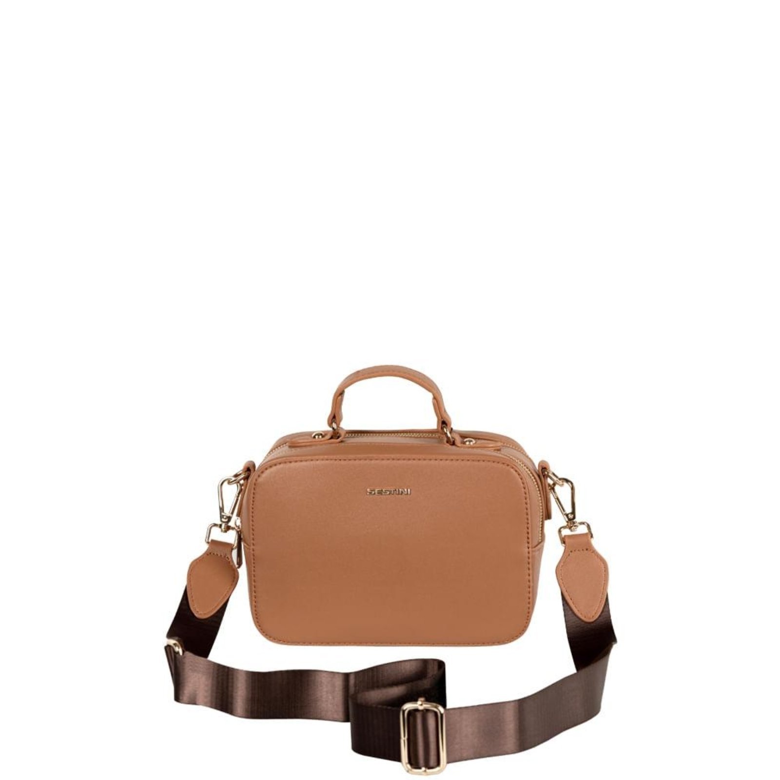 Infantil – Bolsa Transversal Pequena 2 Compartimentos Sestini Monograma Marrom – Caramelo Marrom