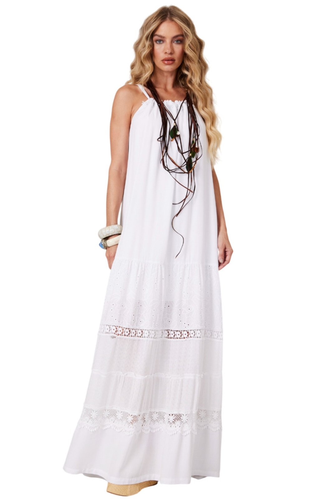Vestido Longo De Alças Com Rendas Branco Yacamim E10 – Branco