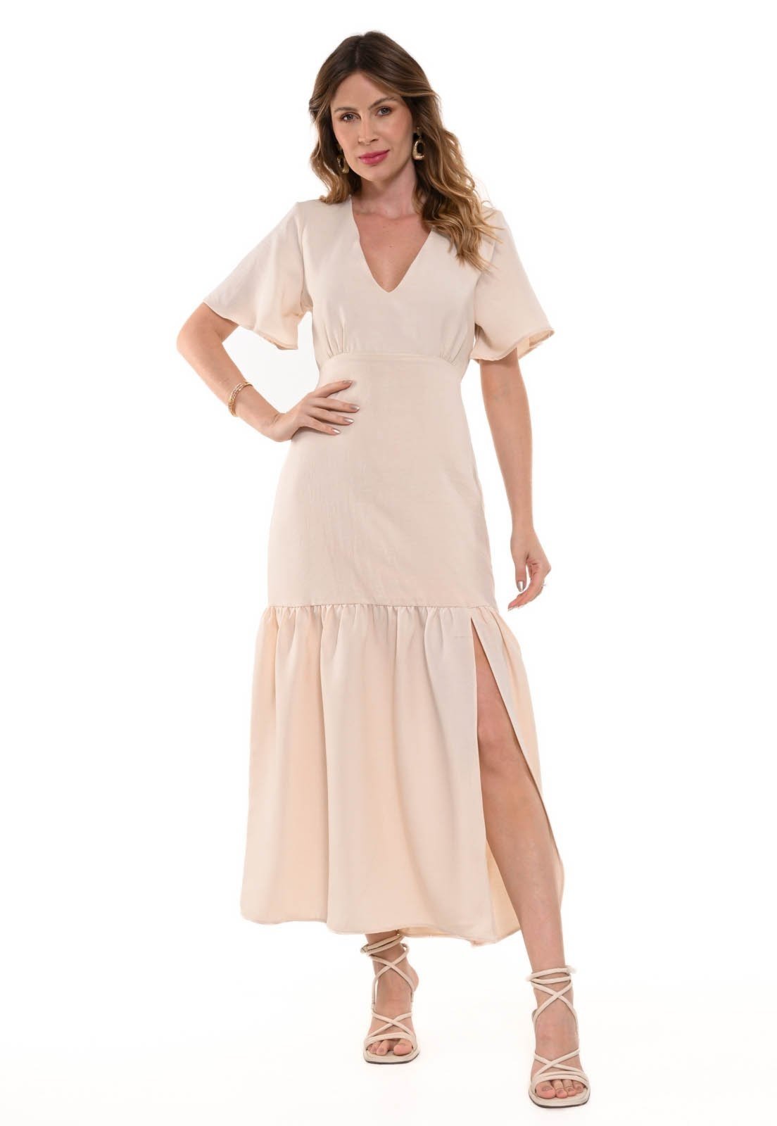 Vestido Bisô Liso Longuete Areia – Areia