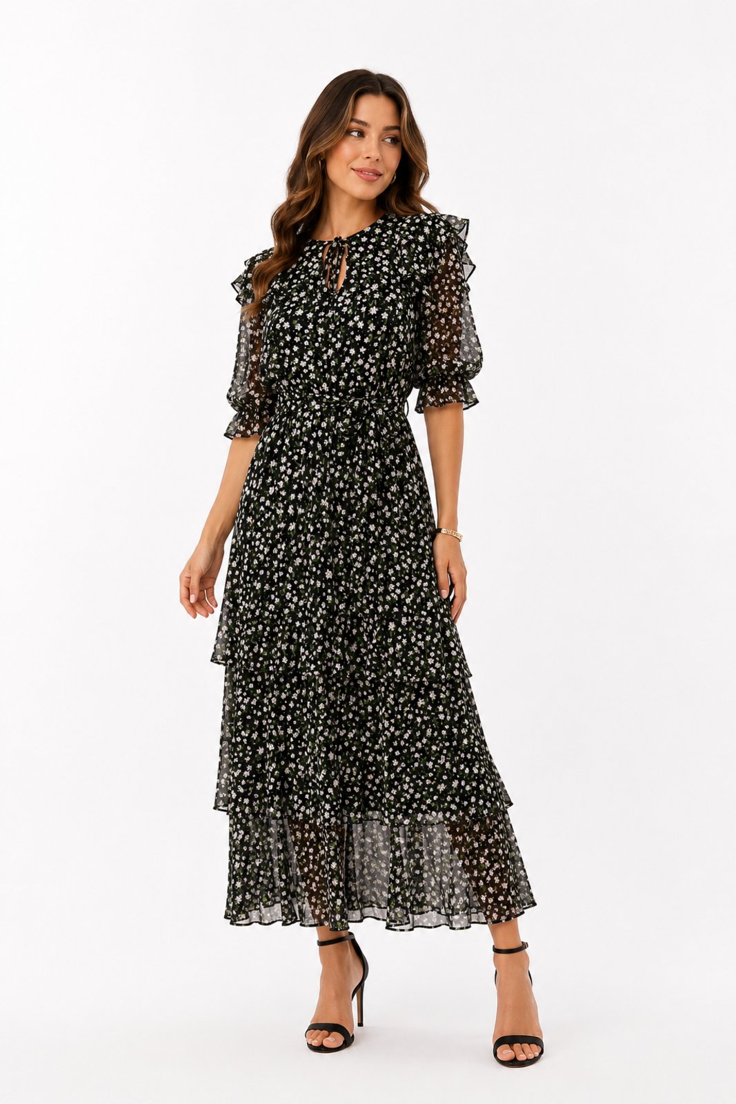 Vestido Midi D Bell Outlet Fashion Chiffon Estampado Babados Preto
