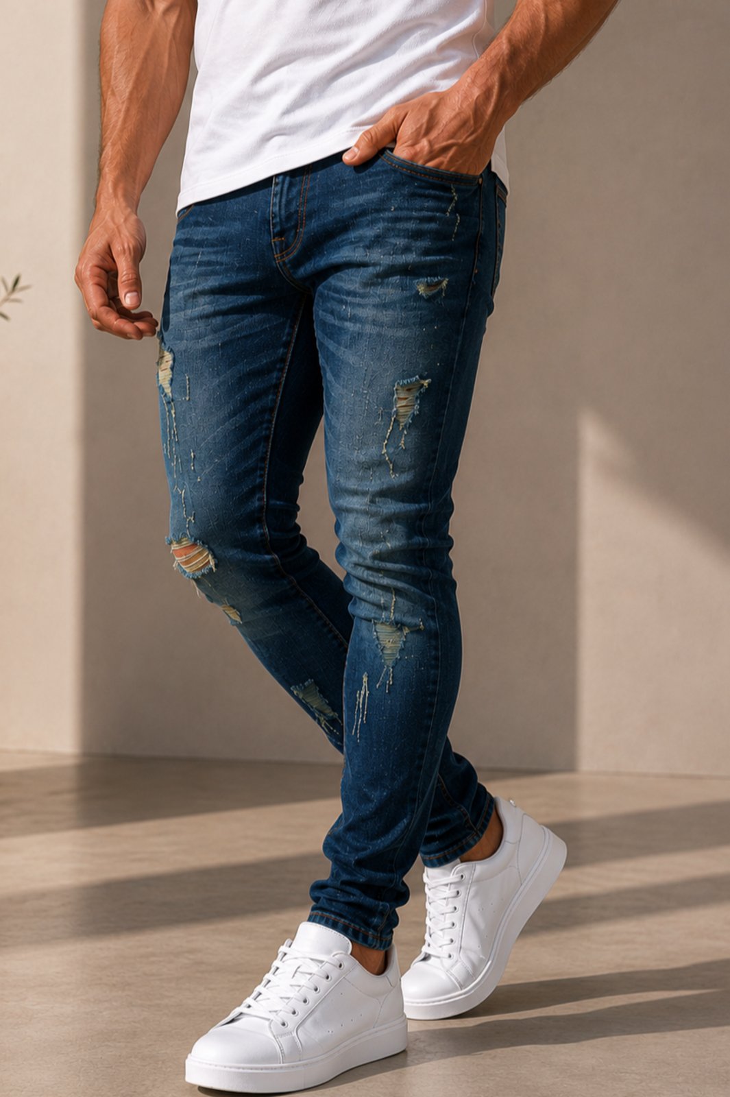 Calça Jeans Masculina Skinny Estilo Jogador Fashion Lavagem Estilosa Destroyed Yellow Jeans Rasgada Azul