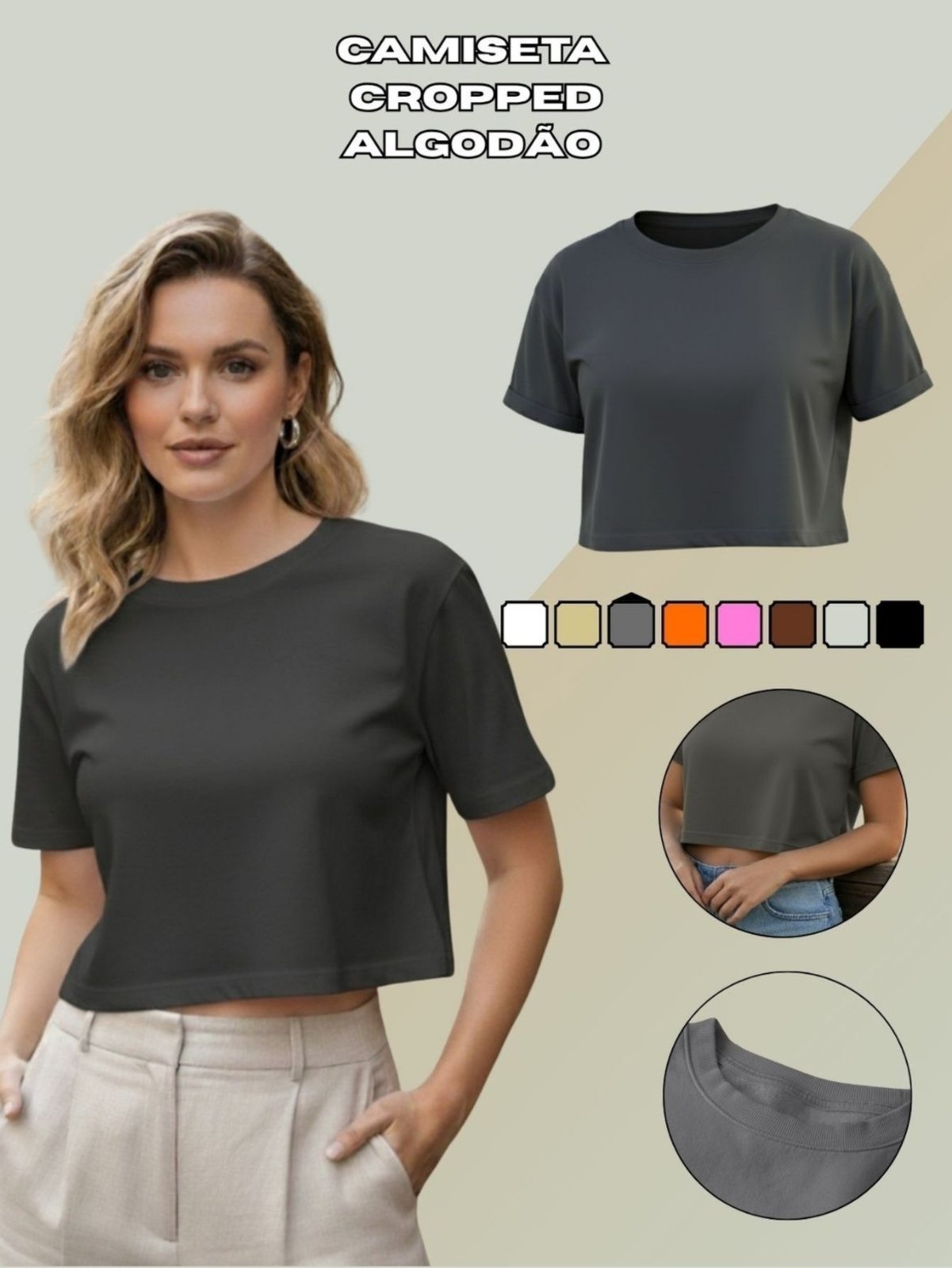 Camiseta Cropped Malha Premium Corte Moderno Chumbo
