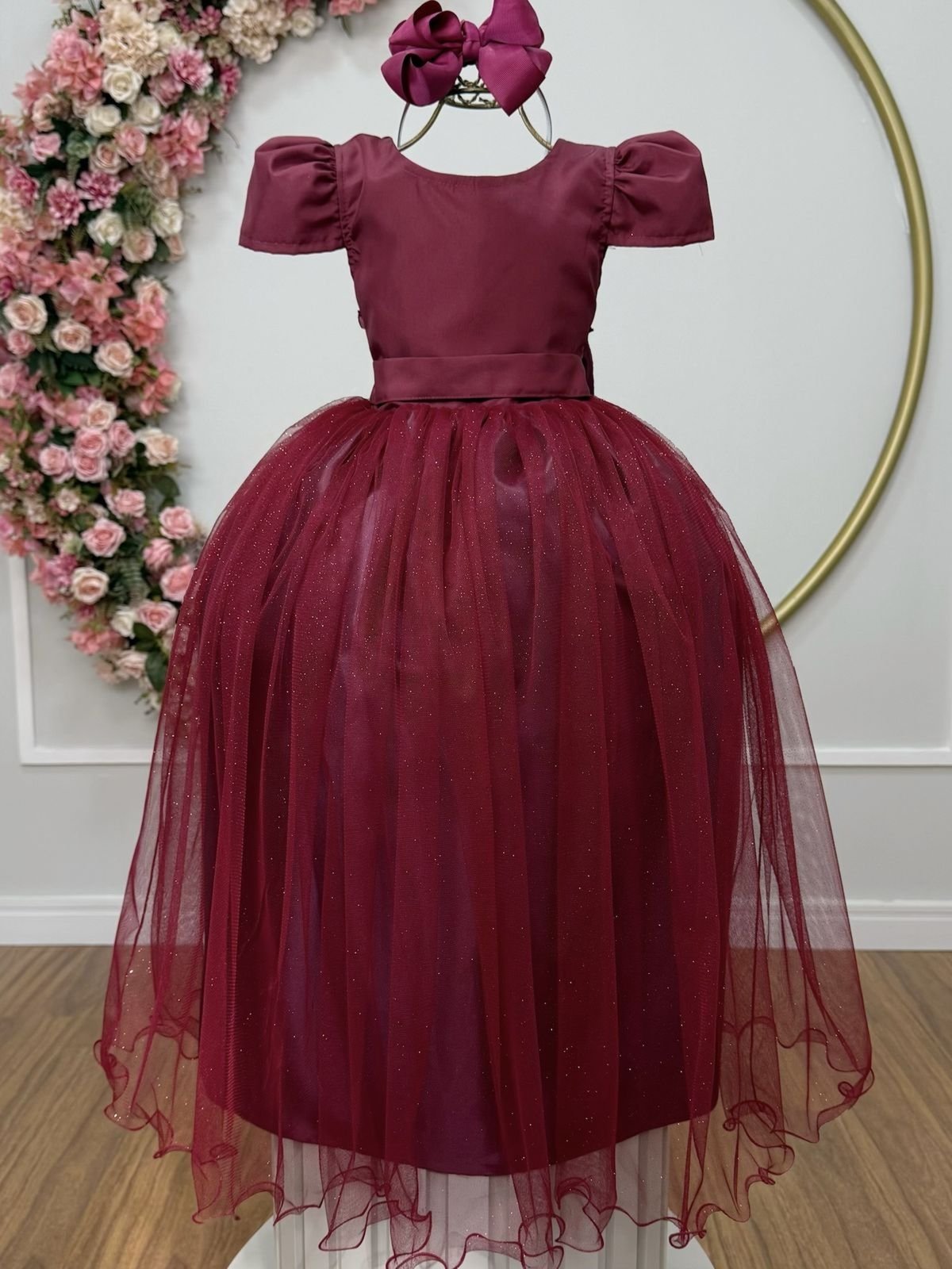 Infantil - Vestido Longo Menina Juvenil Marsala Vinho Bodô Brilho Formatura Casamento Juvenil Princesa Social Rodado Florista Dama Daminha Aniversário Luxo