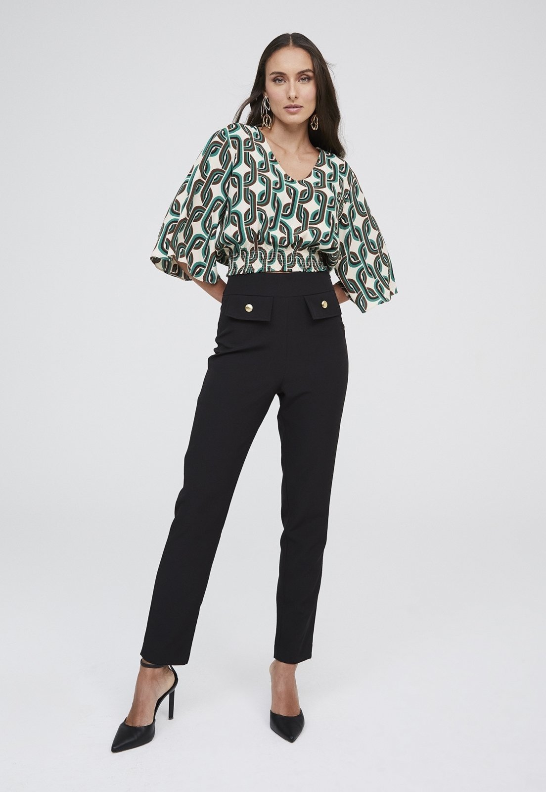Vista 3 Blusa Estampada Traymon Barra Com Lastex Bege estampado Traymon estampado
