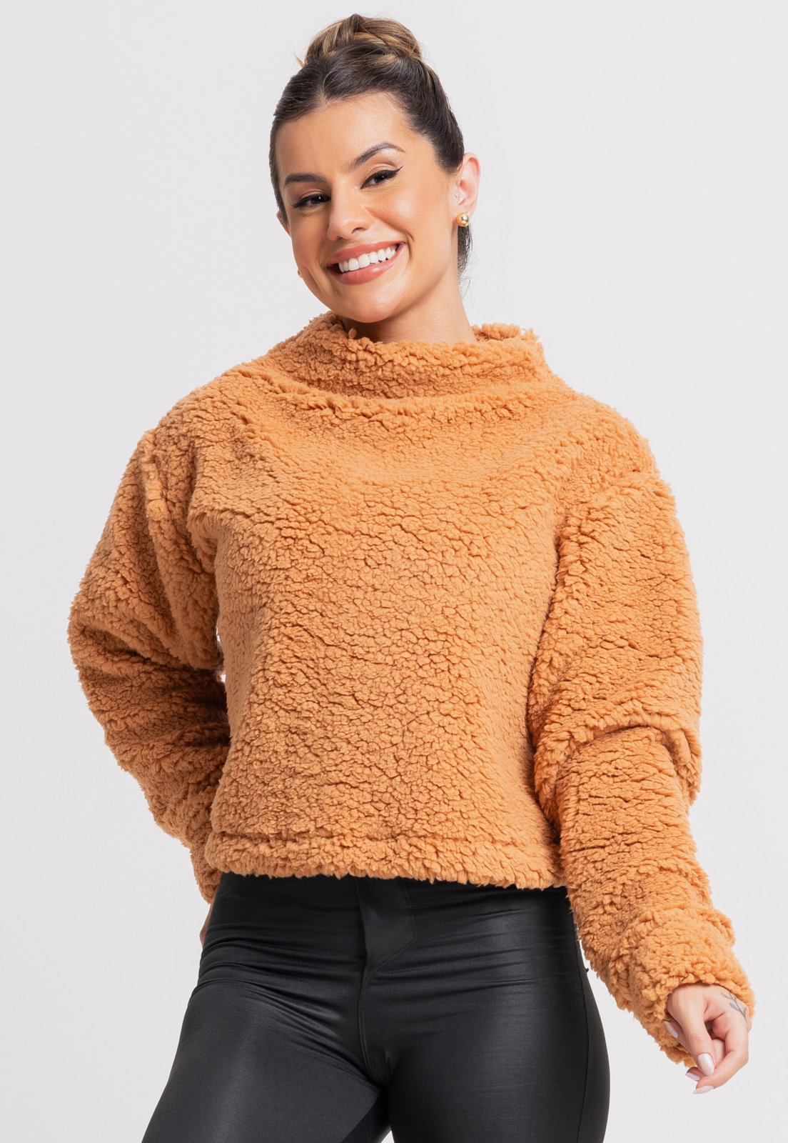 Casaco MVB Modas Cropped Gola Alta Feminino Flanelado Teddy Pelucia Caramelo
