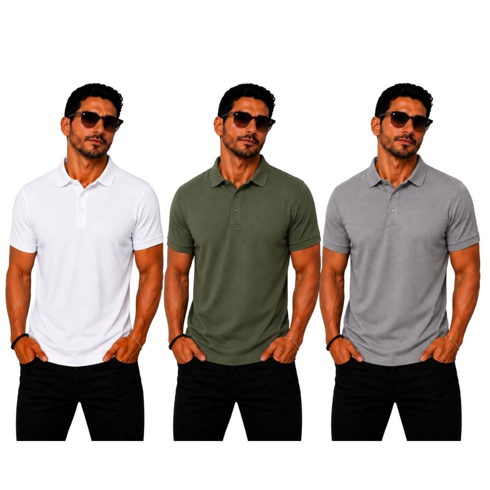 Kit 3 Camisas Polo Poliamida Masculina Básica Premium Multicolorido