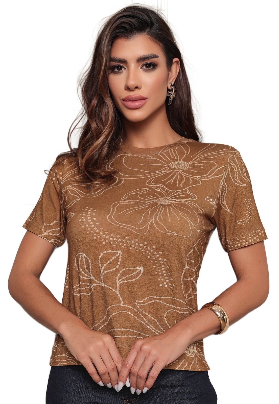 Blusa Manga Curta Dellamarca Fashion Print Floral Castanho