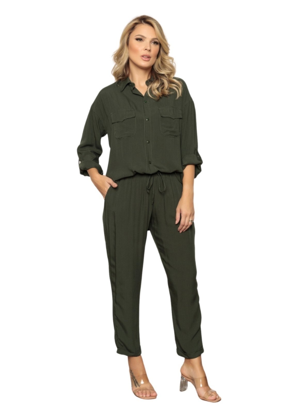 Conjunto Feminino Camisa e Calça Com Elástico Tecido Premium Tendência Verão - Verde Militar