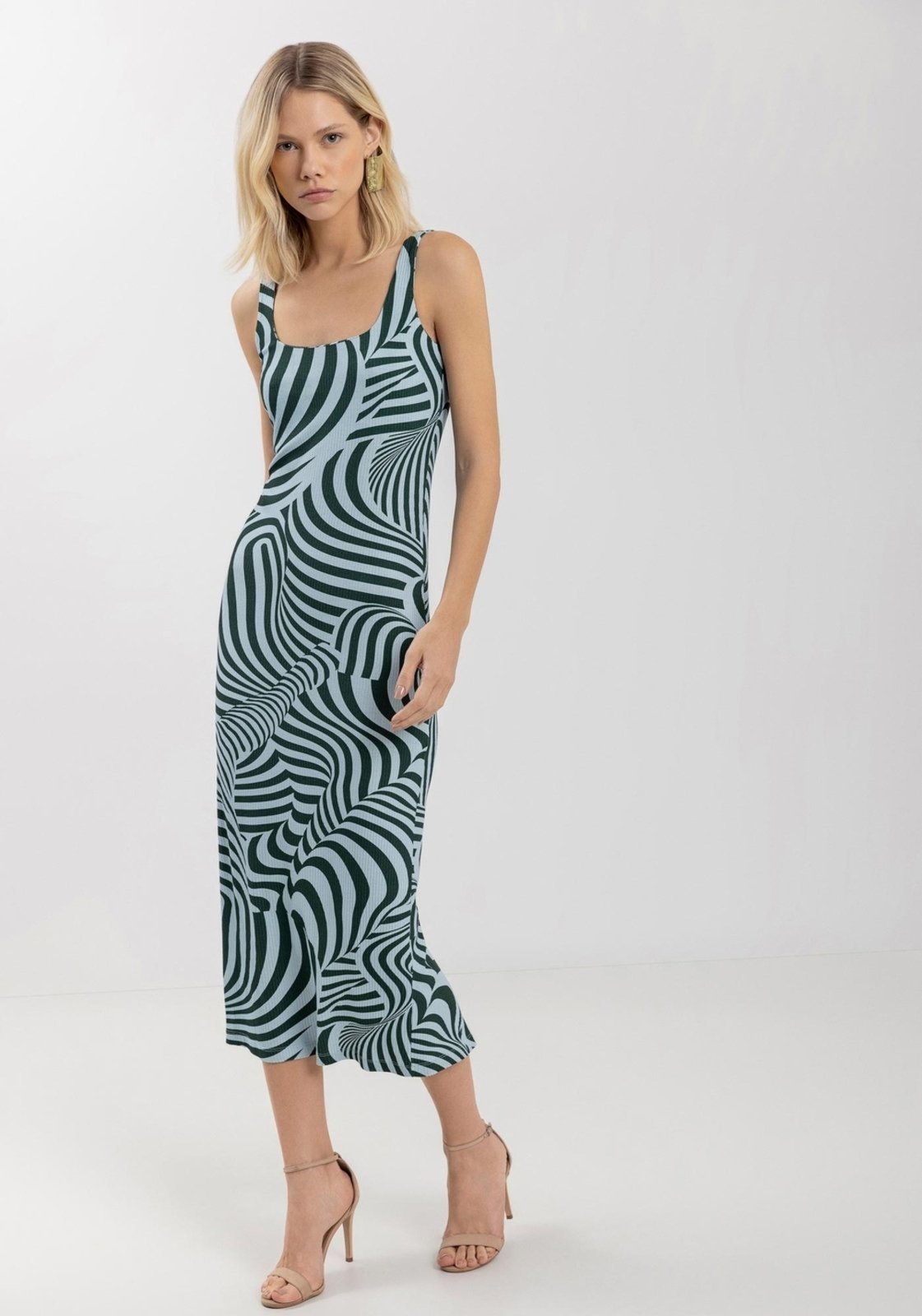 Vestido Lez a Lez De Alças Midi Chá Estampado Em Malha Canelada