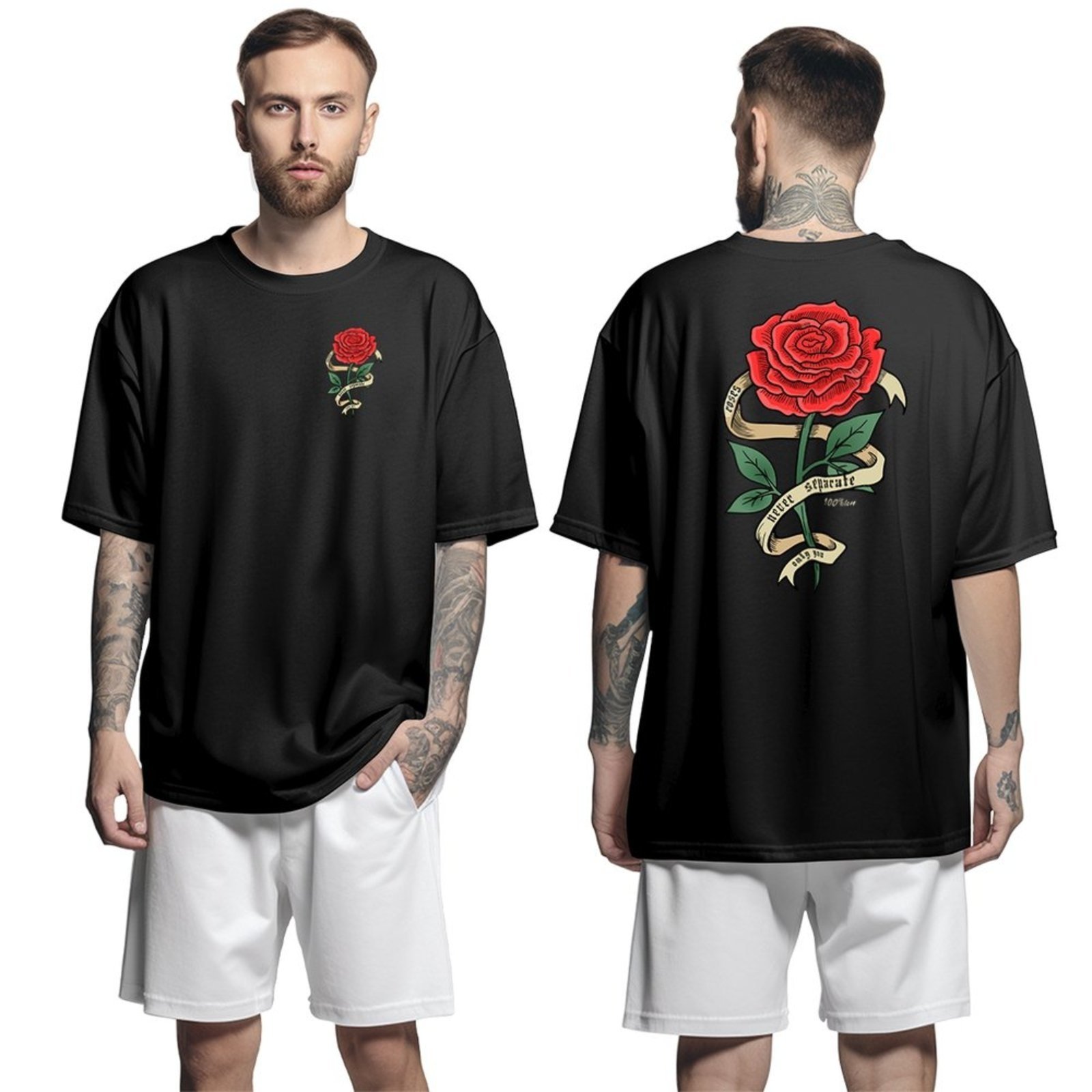 Camiseta Oversized Streetwear Genuine Grit Masculina Larga 100% Algodão 30.1 Roses Never Separate – Preto – P