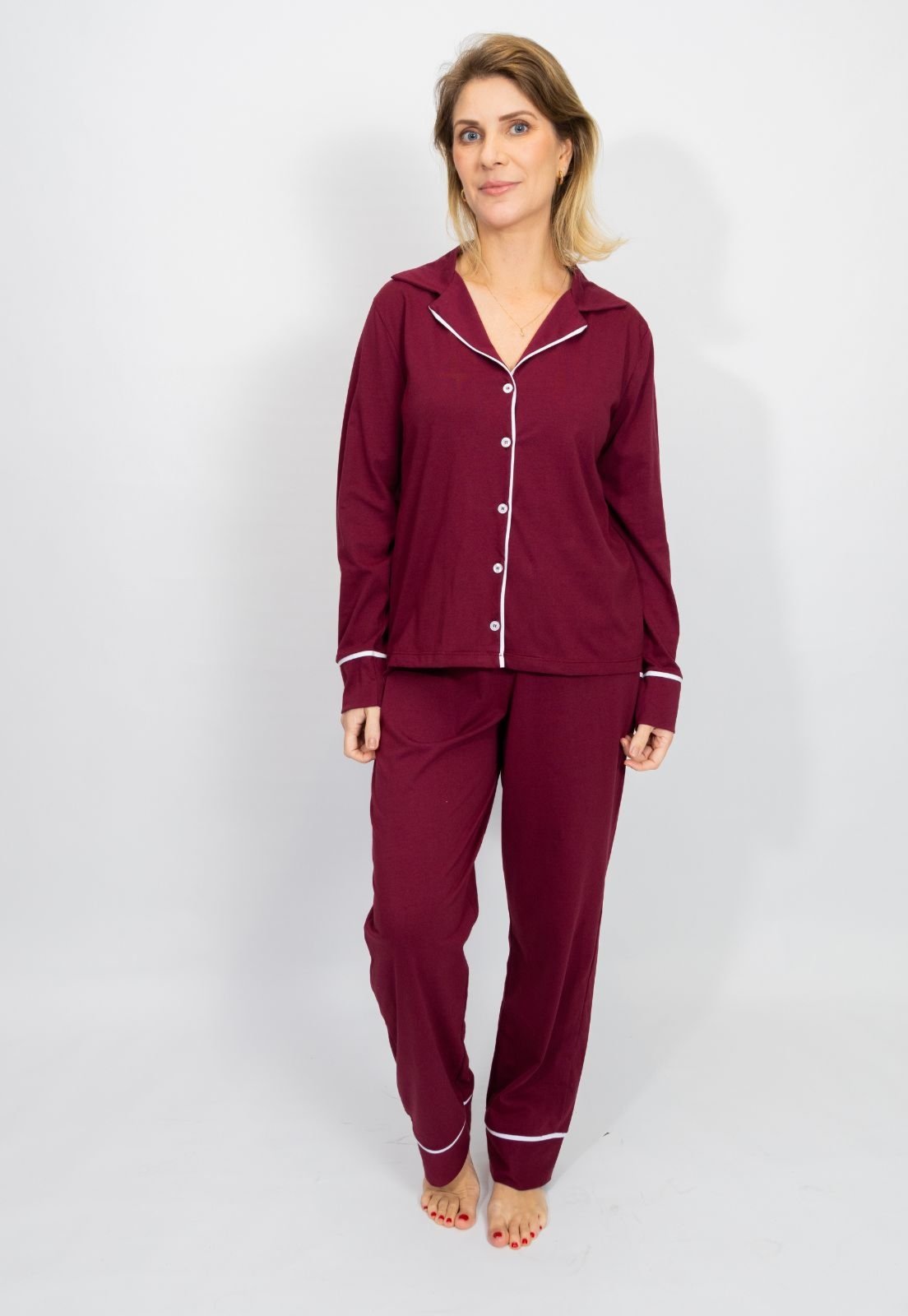 Pijama Algodão Feminino Americano Longo Abertura com Botões Blusa Manga Longa com Calça Inverno de Frio Adulto indicado Amamentação Pós-cirúgico Frente com Filete Contrastante - Bordô