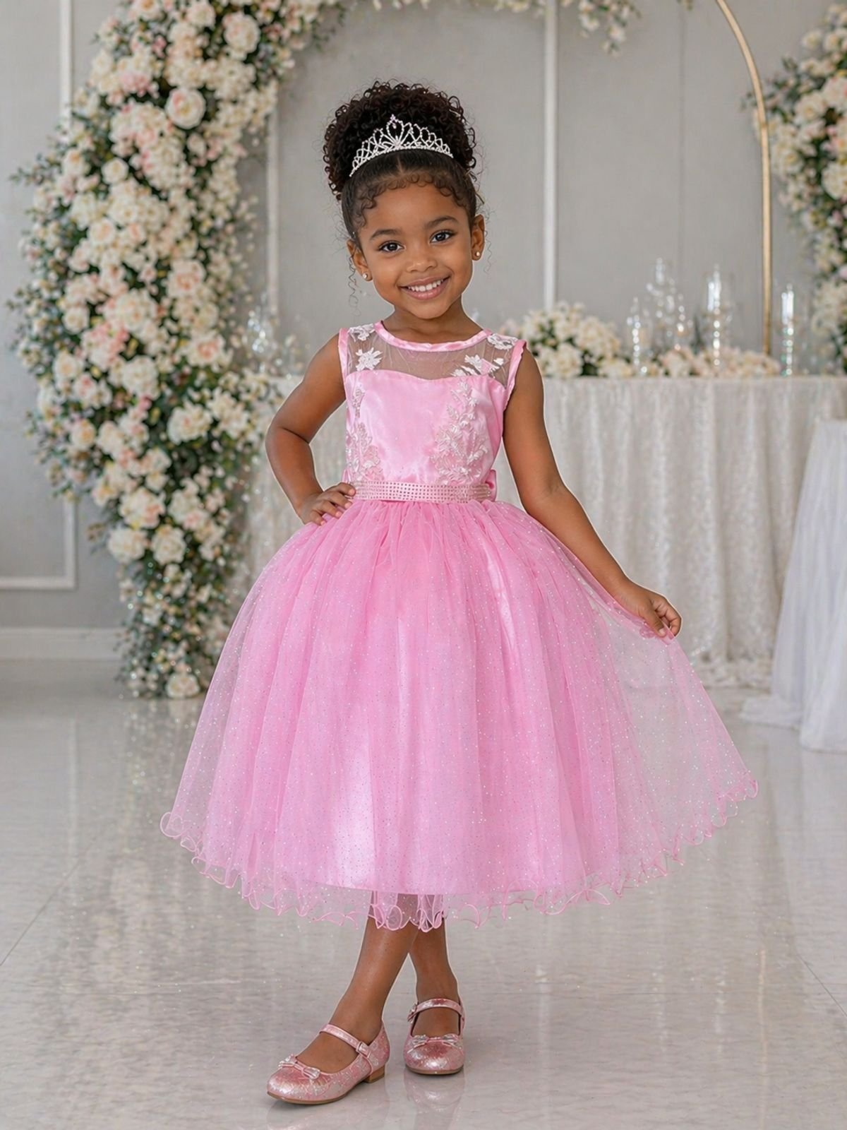 Infantil - Vestido Festa Rosa Claro Formatura Casamento Renda Dama Daminha Florista Social Menina Juvenil Pérolas Princesa Rodado Aniversário Luxo