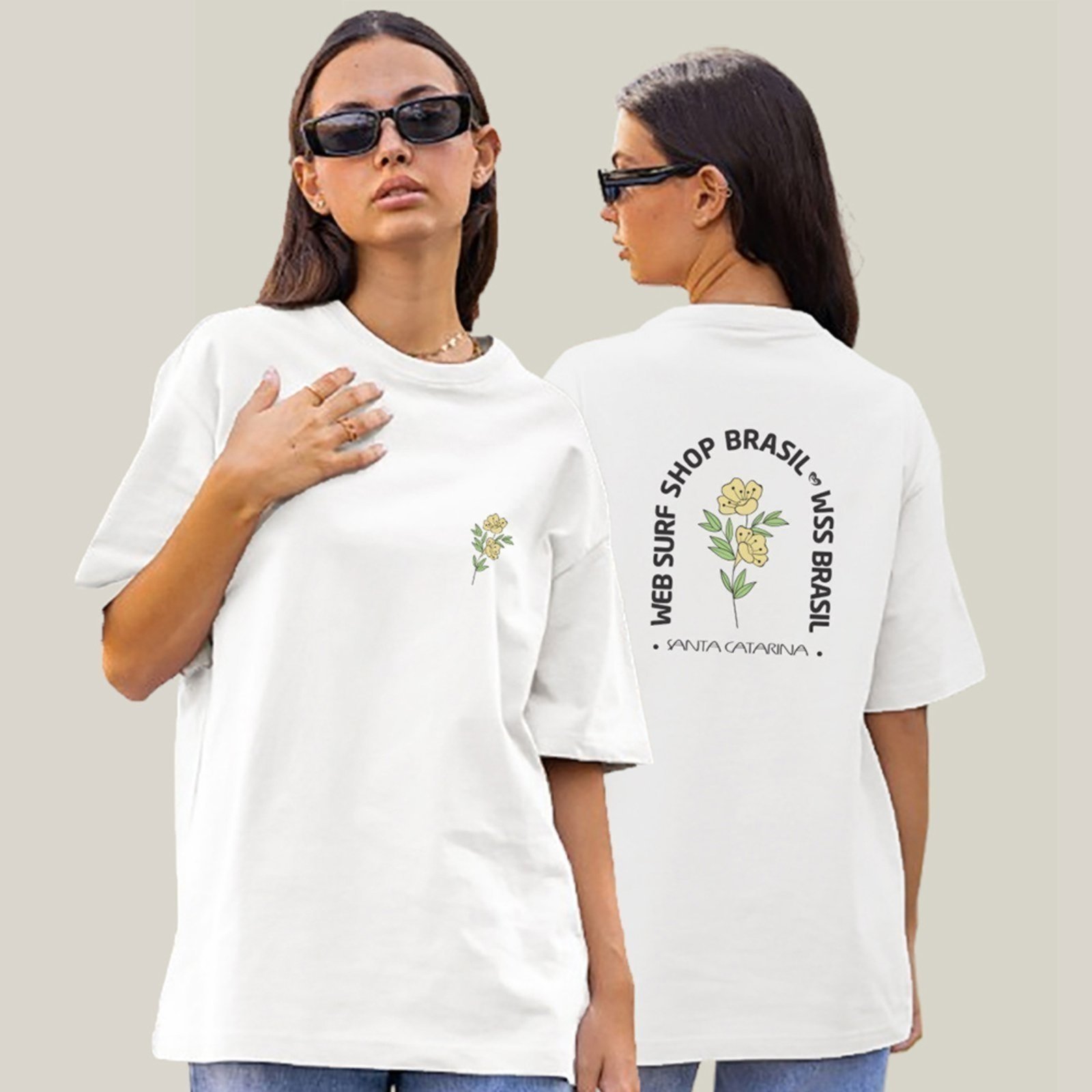 Camiseta Oversized Feminina Branca Algodão Prime WSS Yellow Bloom Branco