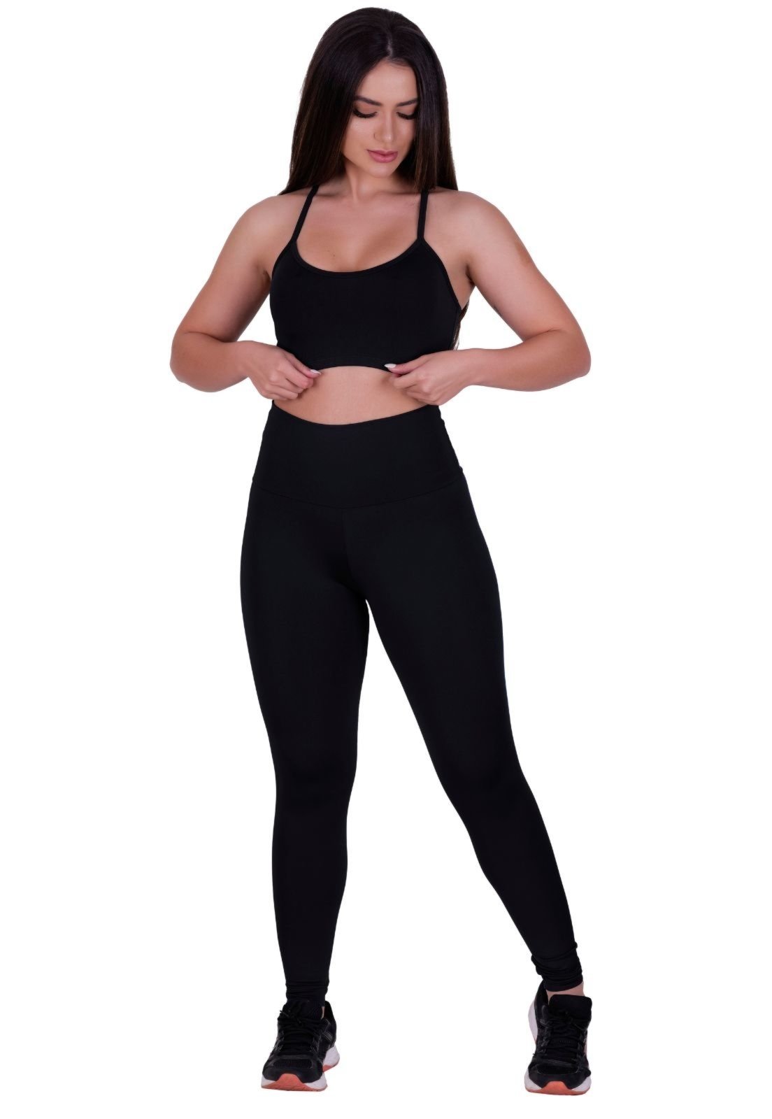 Conjunto Fitness Terra e Mar Top e Calça Legging Suplex Lisa Academia Ana e Debi Preto