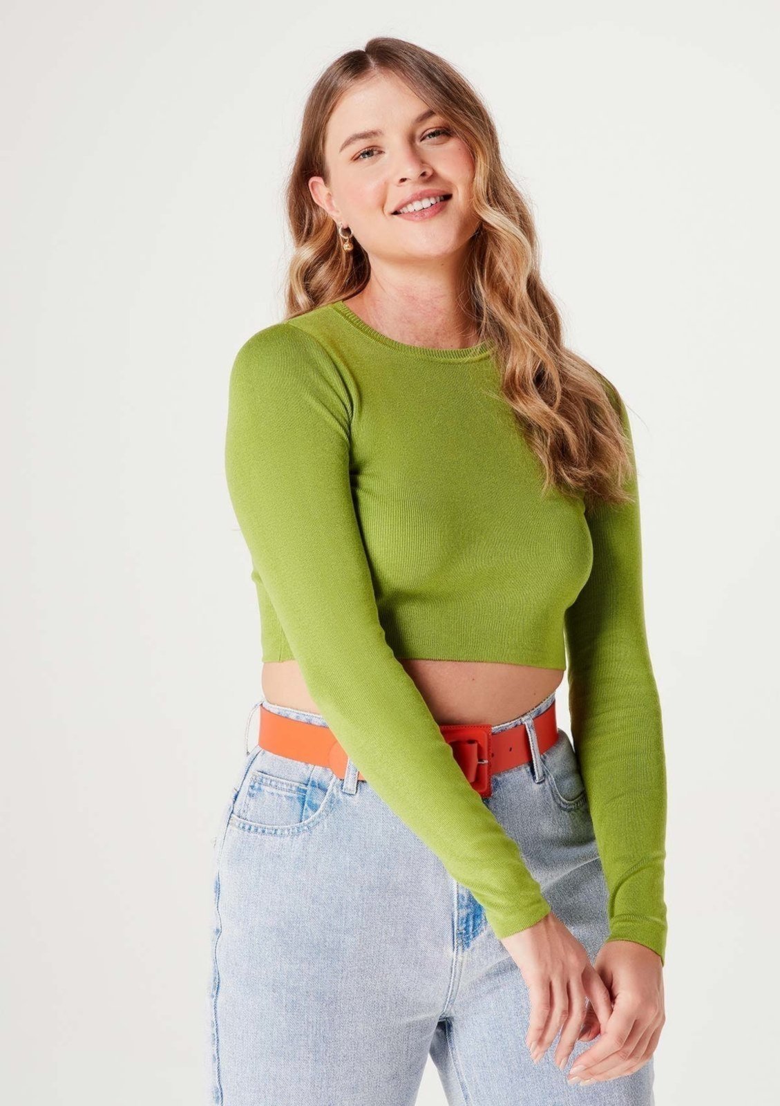 Blusa Feminina Cropped Manga Longa Em Tricot