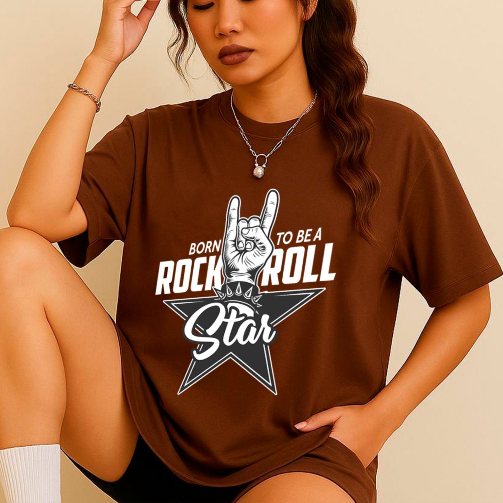 Camiseta Ousy Unissex Streetwear Born To Be A Rock Roll Star Oversized Marrom