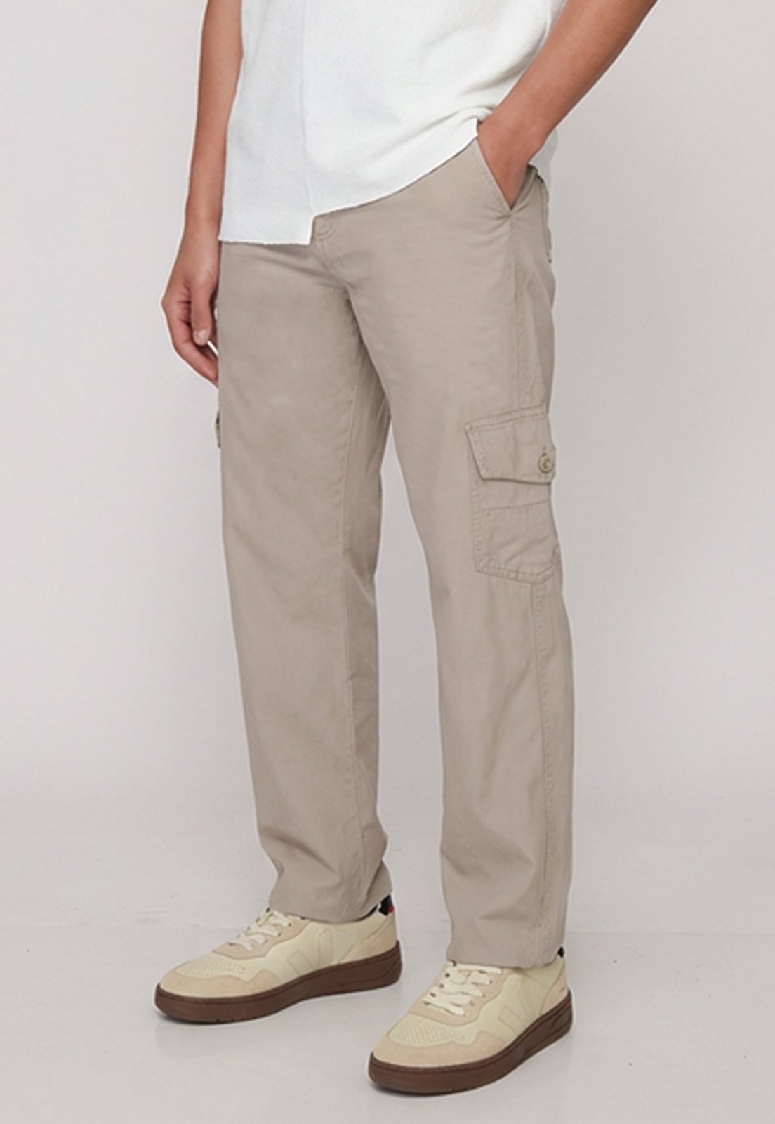 Calça Cargo Masculina Sarja 100% Algodão 6 Bolsos Casual Bege