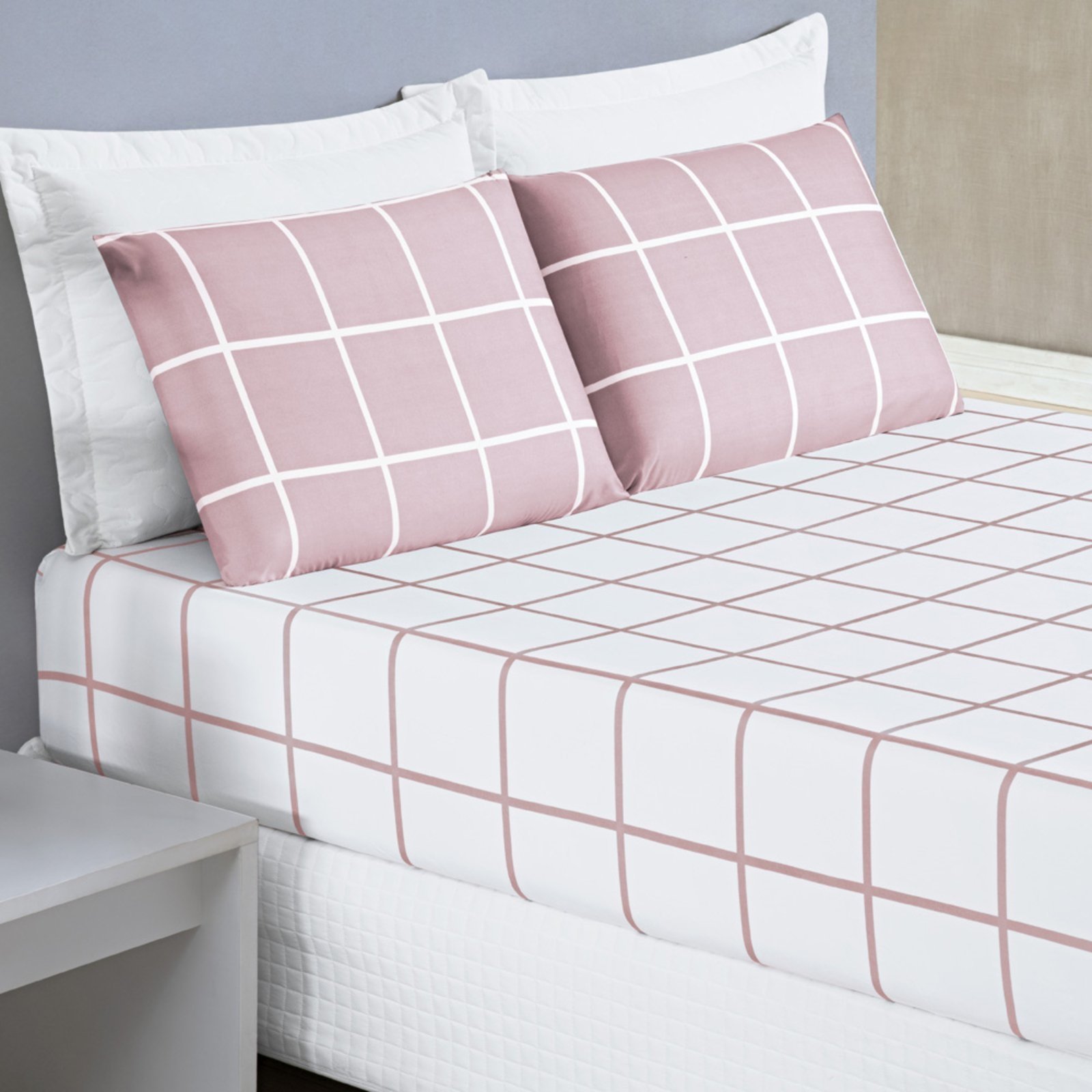 Jogo Cama Lençol Casa Scarpa Brooklyn Queen Quadriculado Micropercal 200 Fios 3 Peças - Rosa