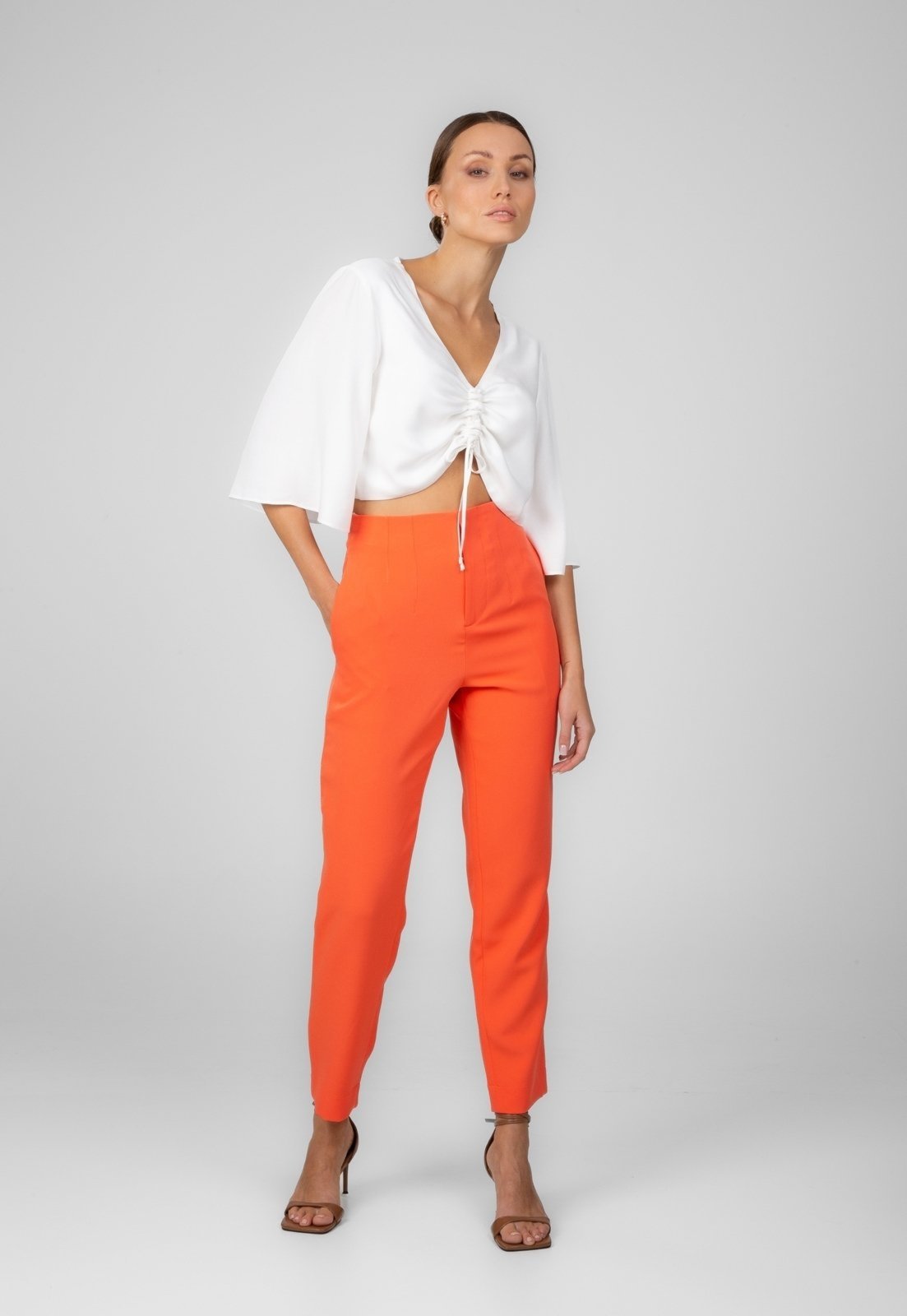 Calça Alfaiataria Traymon Cintura Alta Laranja