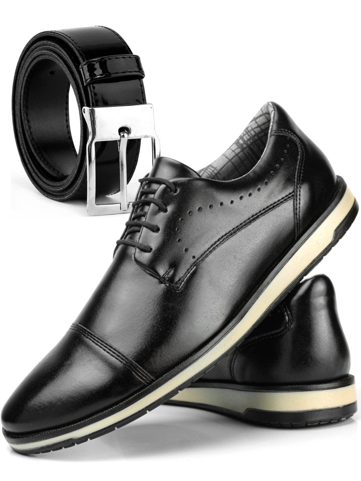 Sapato Masculino Social Oxford Sapatofran Cadarço + Cinto Confortável Confort Preto Kit