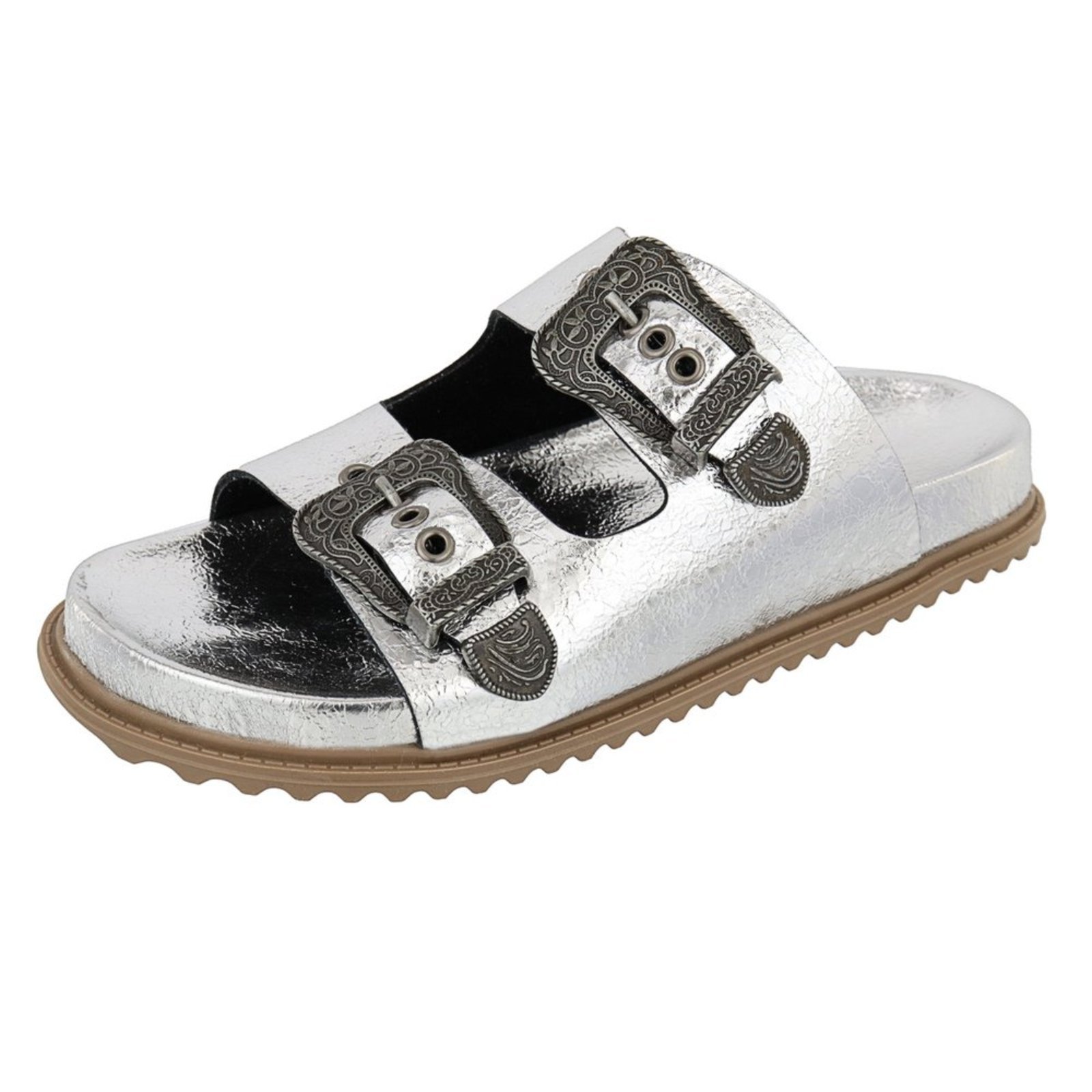 Papete Rasteira Feminina Paula B Com Fivela Estilo Retro Palmilha Confort Prata