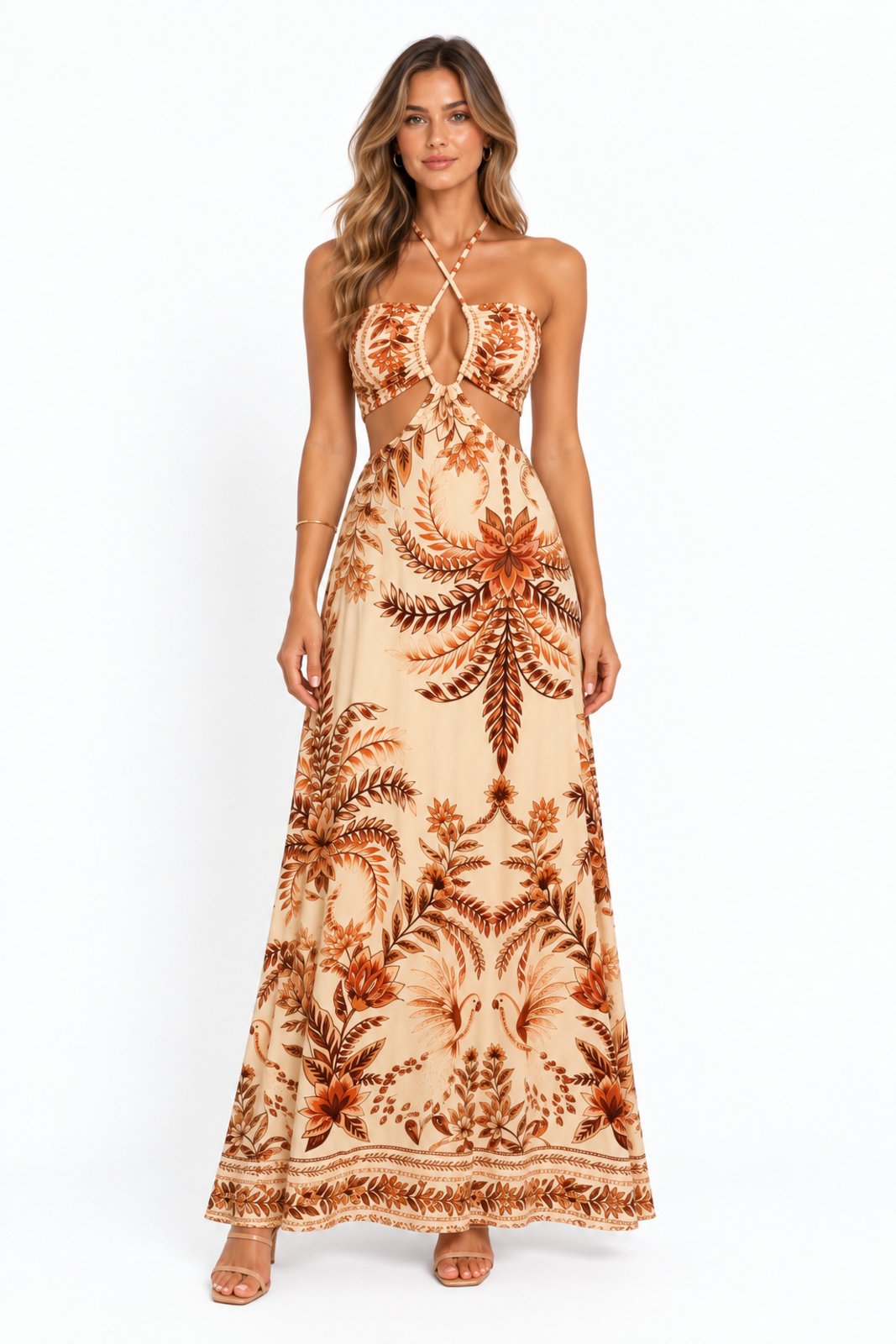 Vestido Longo Estampado Tropical D Bell Outlet Fashion