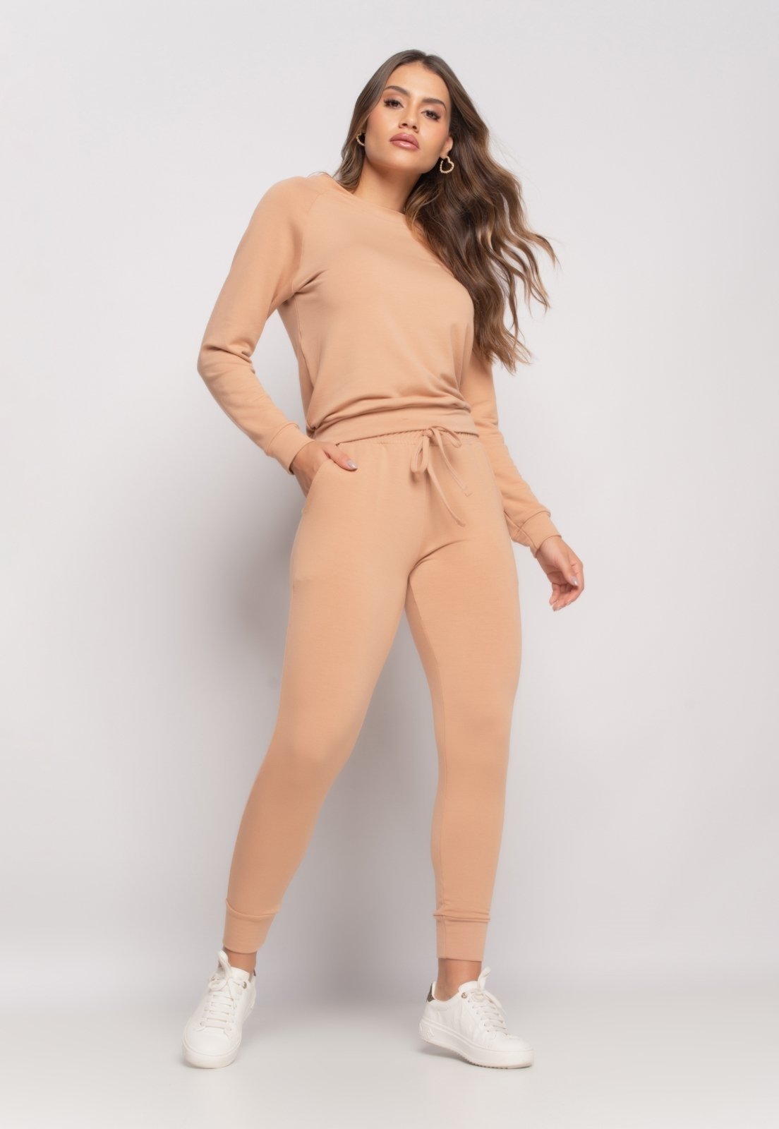 Conjunto Comfy Com Casaco Gola Canoa e Jogger Moletinho Salvatore Fashion Bege