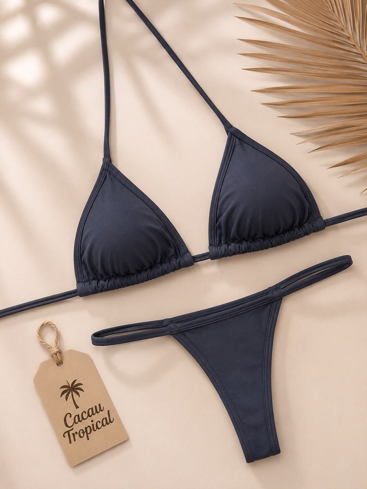 Biquíni Preto Feminino Cacau Tropical Top Cortininha com Calcinha Fita para Bronzeamento Moda Praia