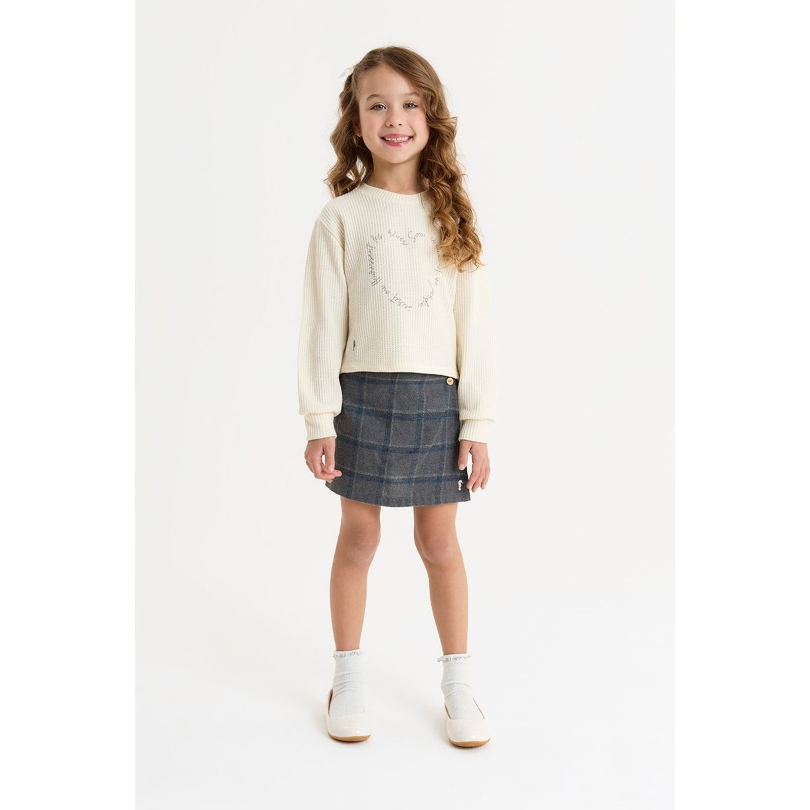 Infantil - Conjunto Feminino com Blusão em Malhão Favo e Saia em Flanela Xadrez Confortável