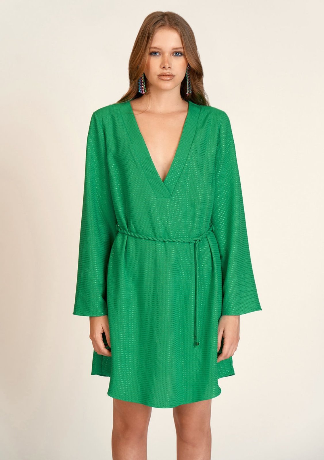 Vestido Zinco Curto Decote V Com Cinto Verde