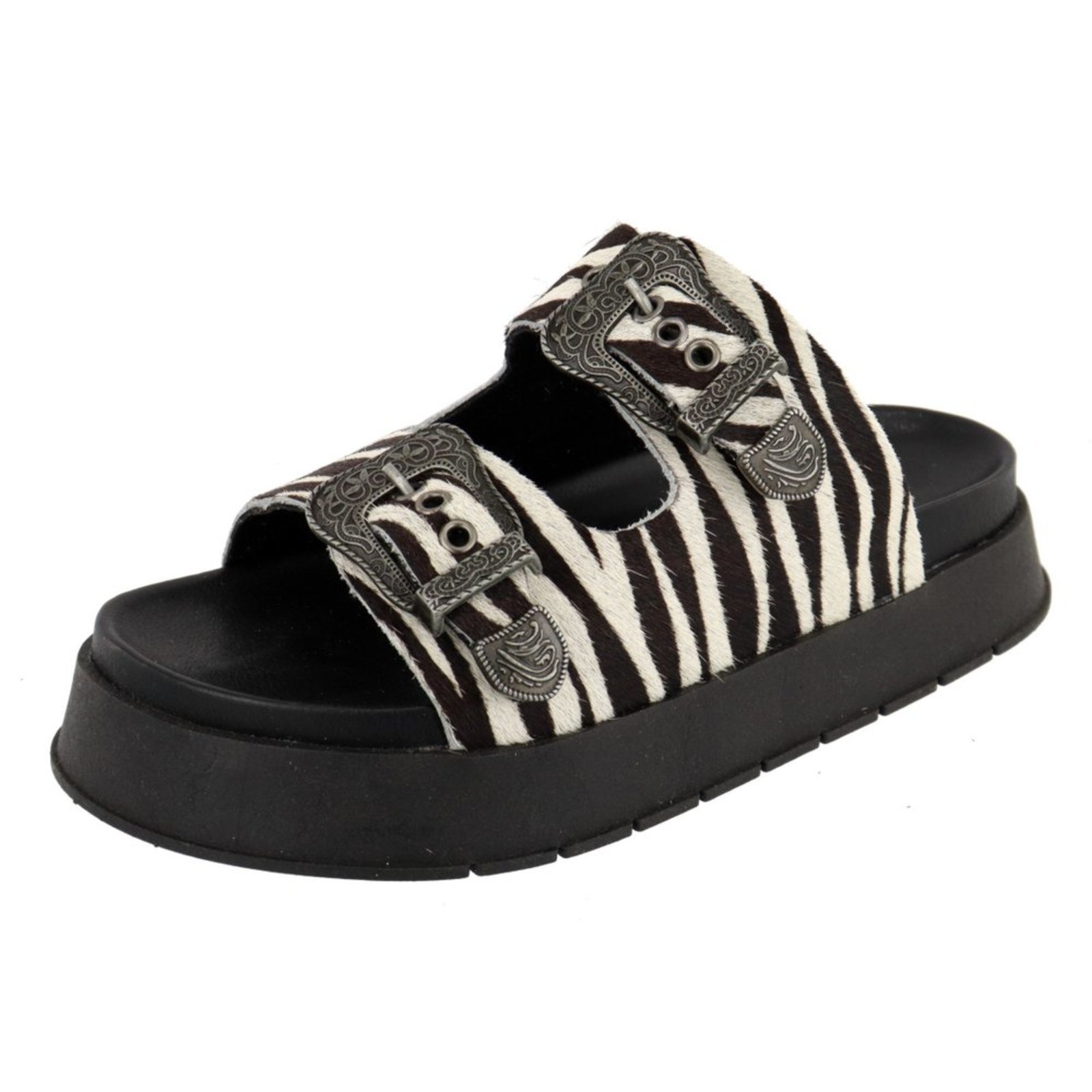 Sandalia Plataforma Couro Animal Print Zebra Papete Lançamento Fivela Agnes Veronez