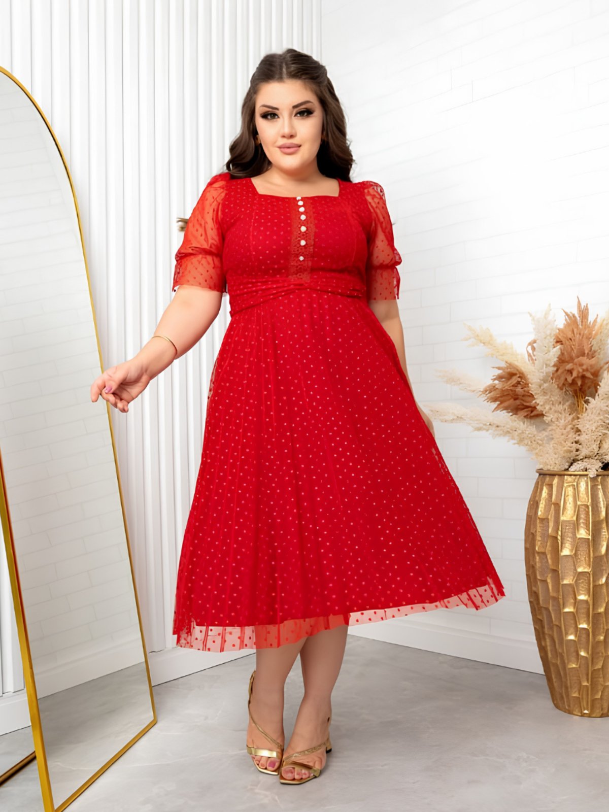 Vestido Midi de Festa Tule Poa Manga Princesa Bufante Modesto Casamento Civil Madrinha Vermelho