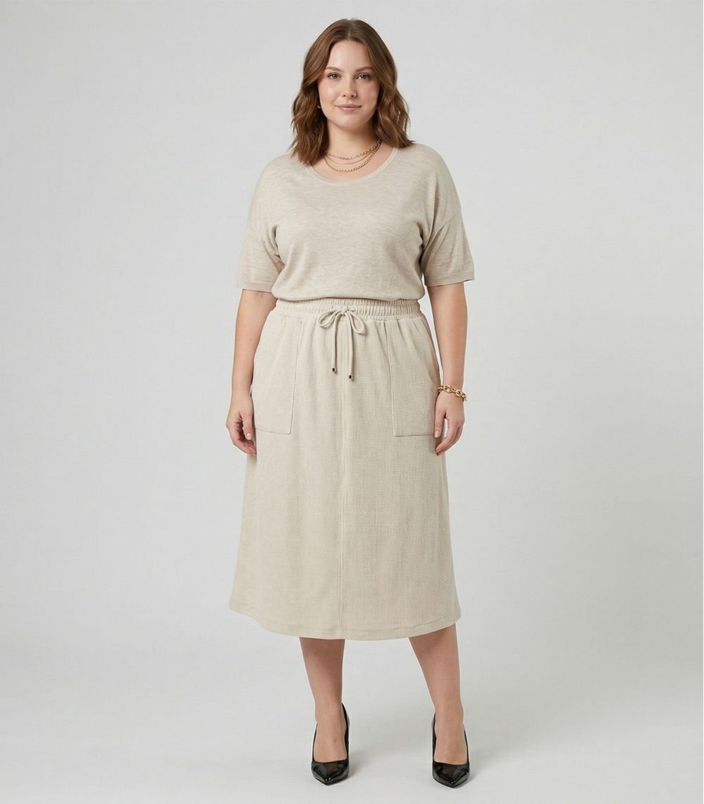 Saia Midi Com Bolso Plus Size Secret Glam Bege
