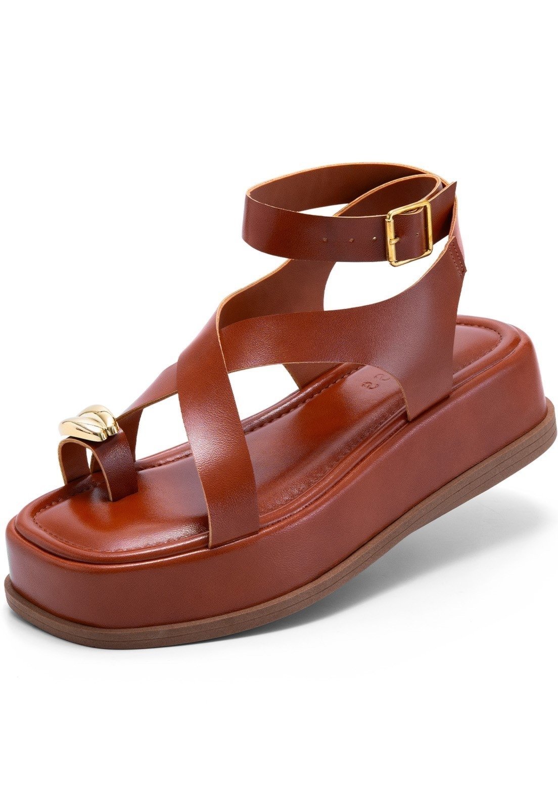 Sandália Feminina Lumiss Flatform Confortável Enfeite Metalizado Tiras Caramelo