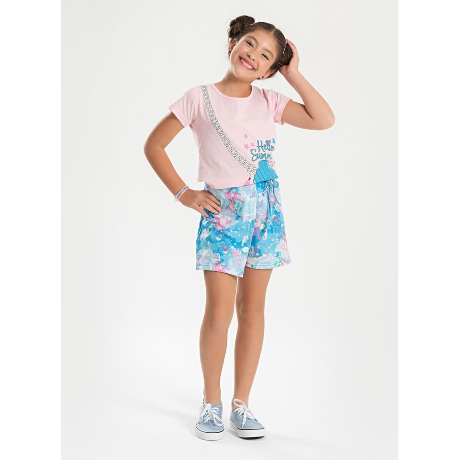 Infantil - Conjunto Verão Menina Rosa Blusa e Shorts Saia Concha do Mar