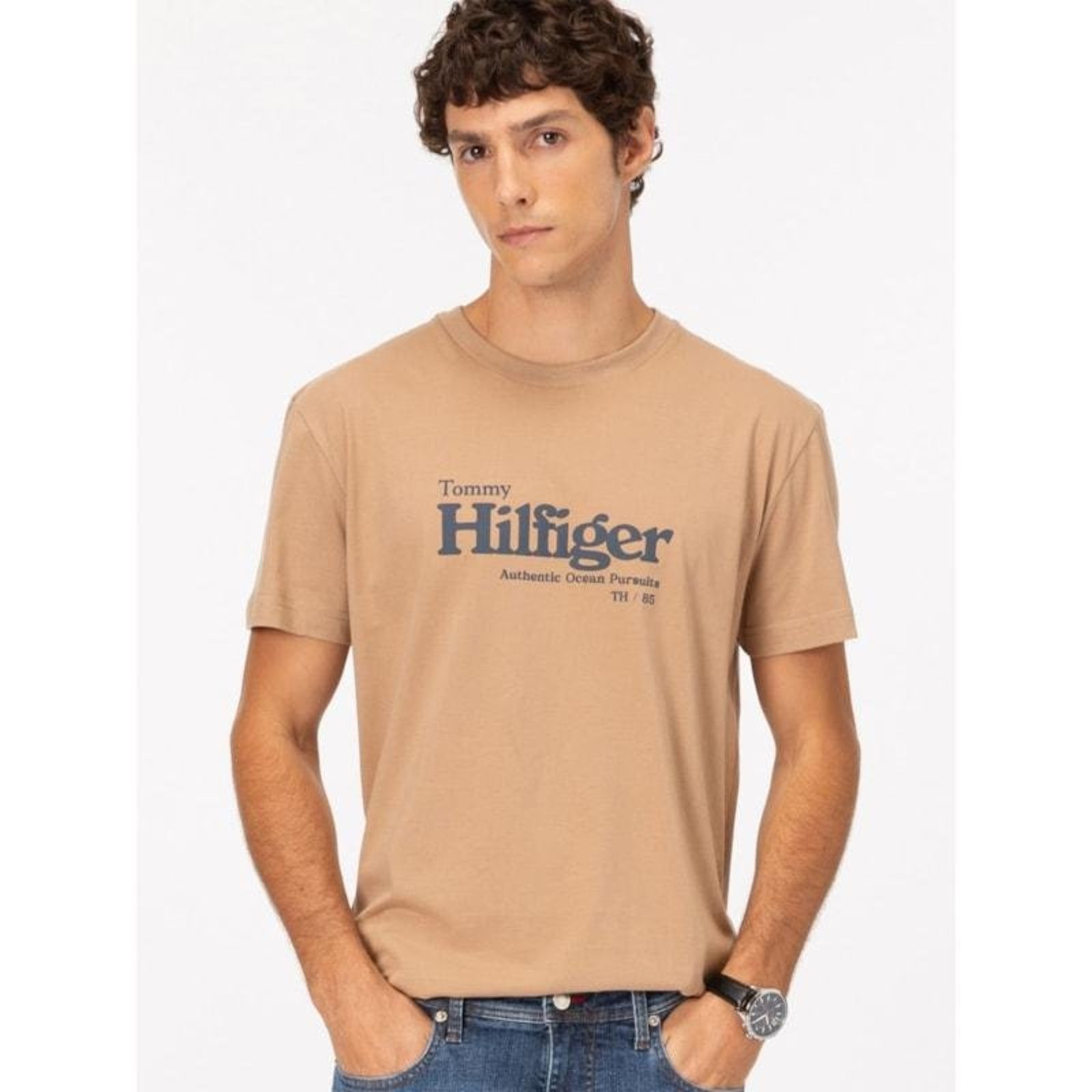 Camiseta Jersey com Logo Estampado Bege