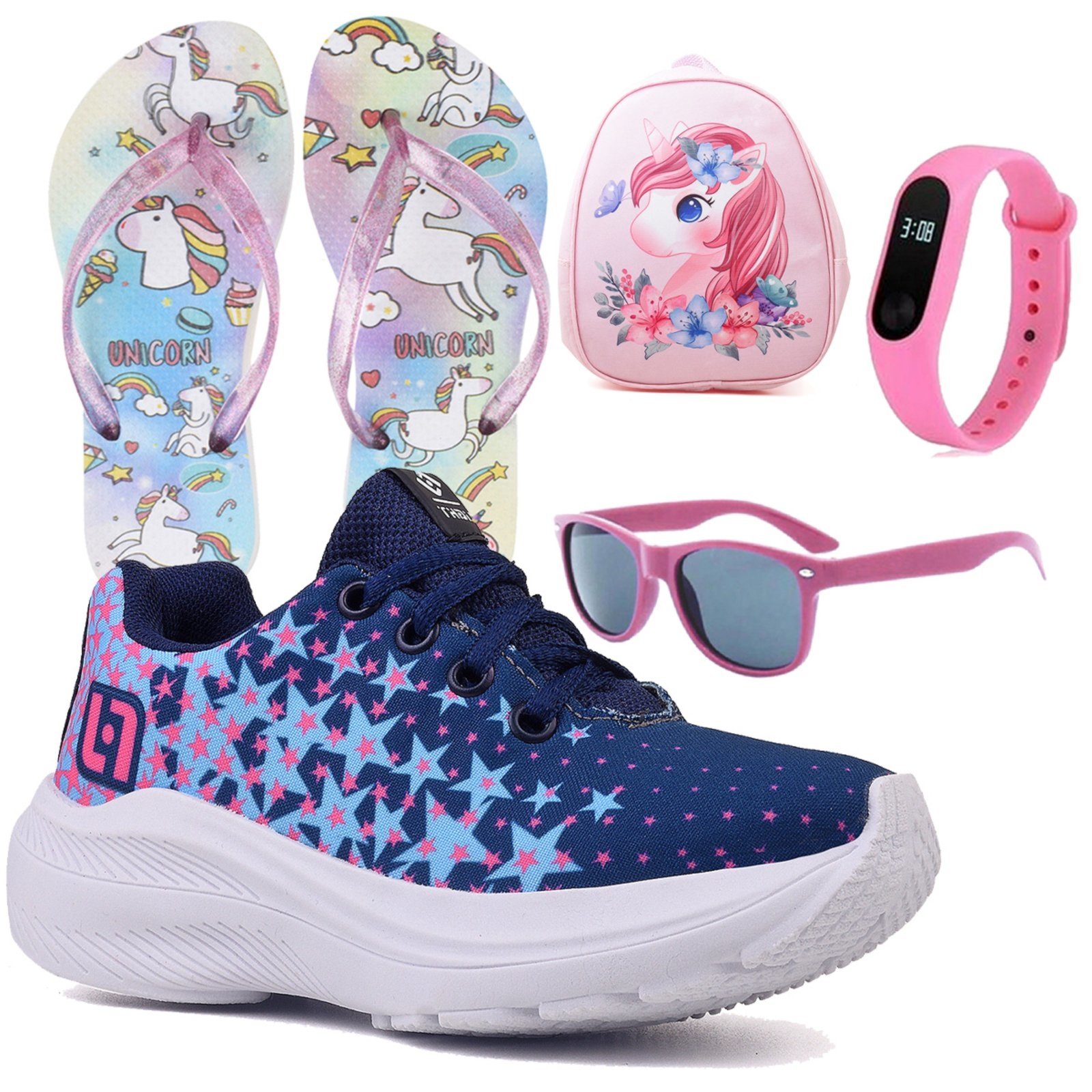 Infantil - Kit Tênis Pink Meninas Escolar Mochila Chinelo Óculos Relógio