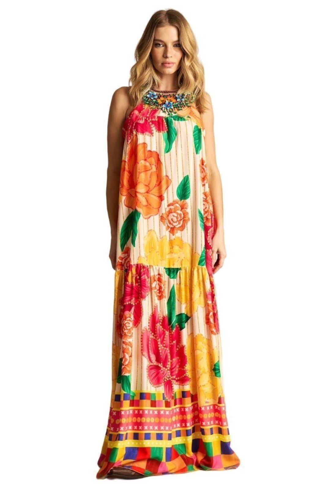 Vestido Longo Com Alças Reguláveis Floral Estampado Yacamim E4 – Estampado