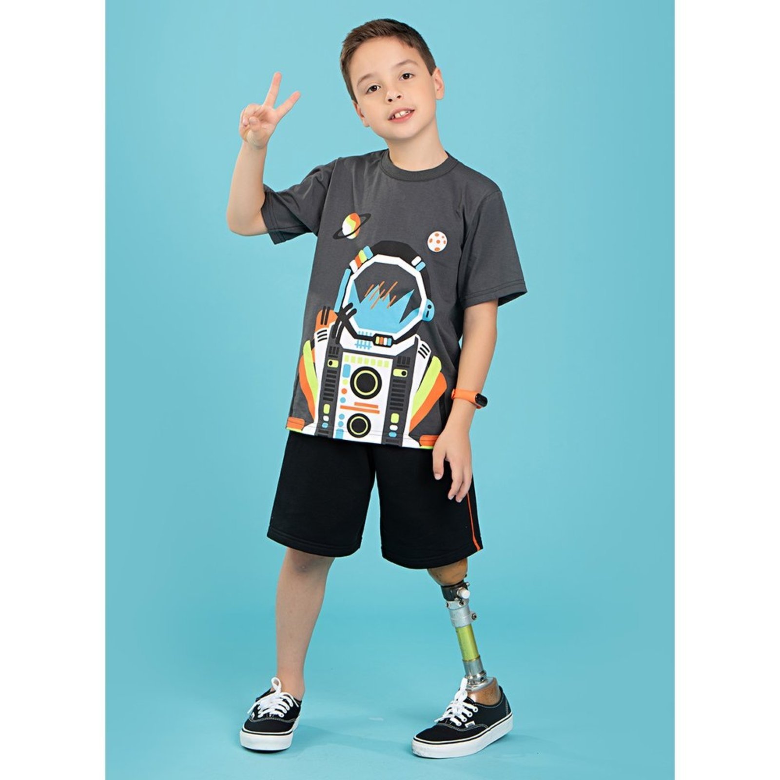 Vista 2 Infantil - Conjunto Verão Menino Camiseta e Bermuda Astronauta Molekada cinza Molekada cinza